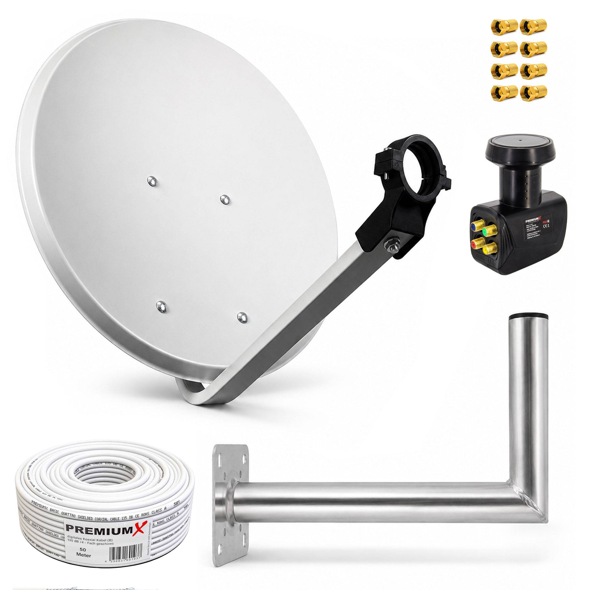 Satellitenschüssel-Antennensatz mit Montierungsarm, L-förmiger Wandhalterung, Koaxialkabel und Steckern für den Außenempfang von Fernsehsignalen.