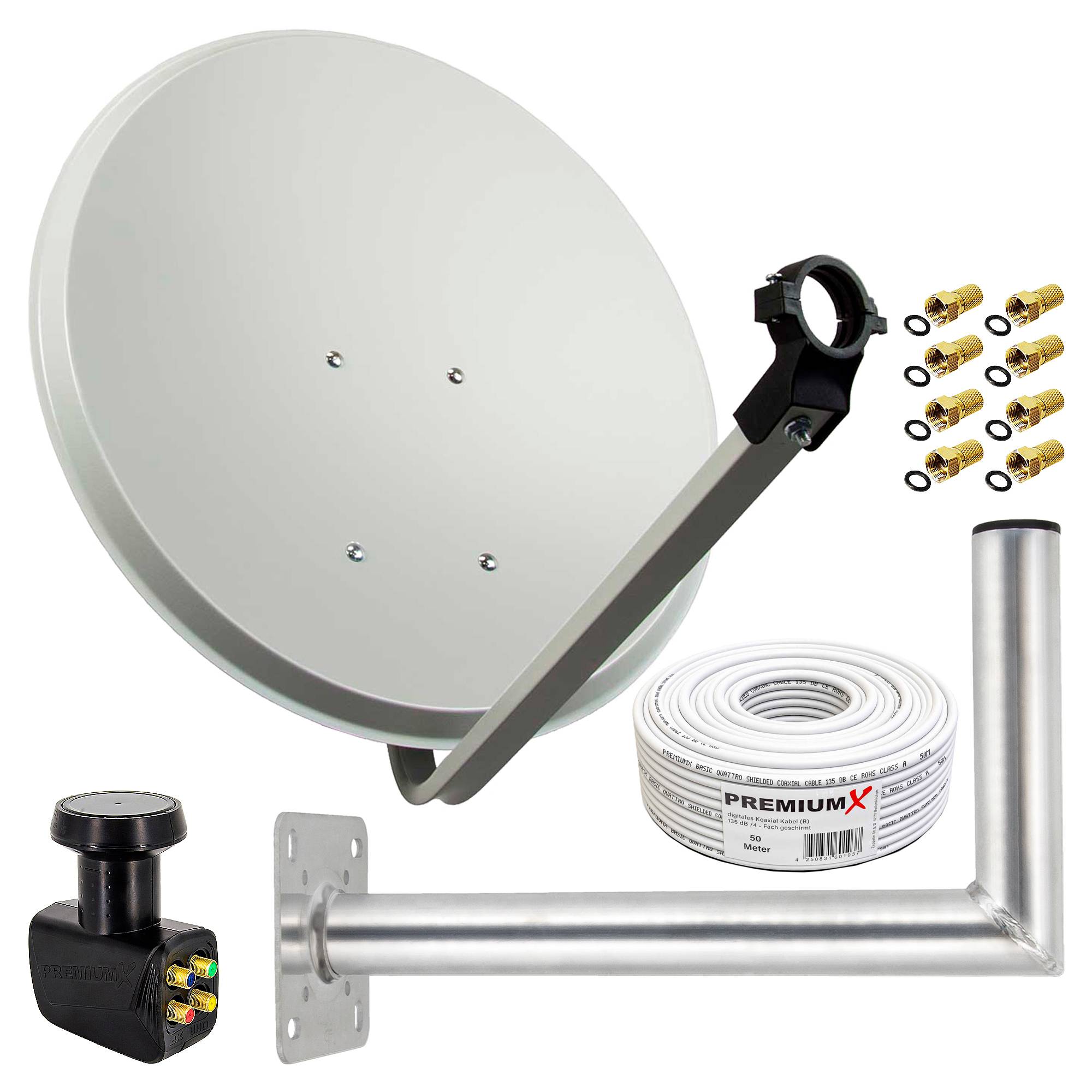 PremiumX Satelliten-Komplettanlage 80cm Satellitenschüssel Hellgrau SAT Quad LNB 4 Teilnehmer Kabel 50m Stecker Wandhalter 45cm