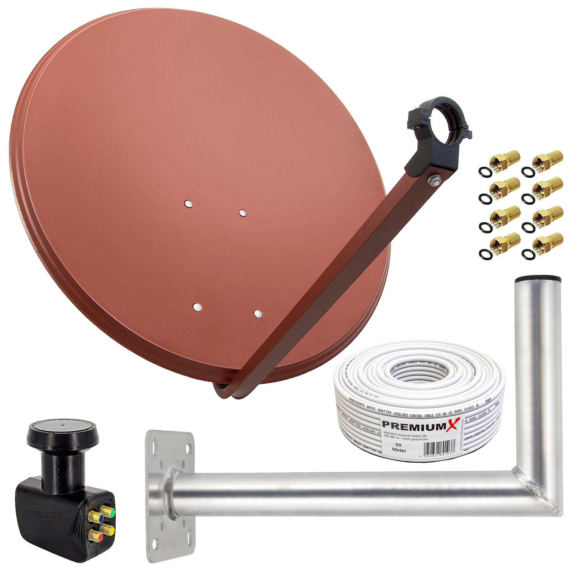 PremiumX Satelliten-Komplettanlage 80cm Satellitenschüssel Ziegelrot Quad LNB Kabel 50m Wandhalter 45cm, SAT bis 4 Teilnehmer