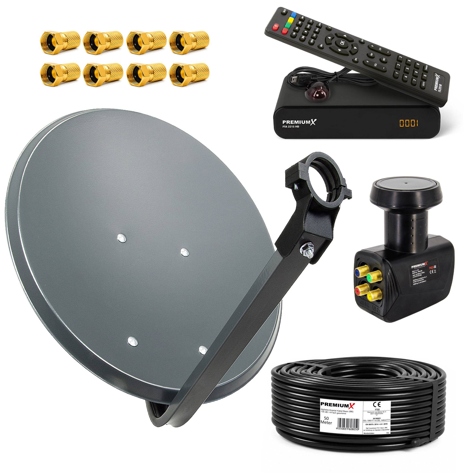 Satellitenfernsehen-Set mit Parabolantenne, Receiver und Fernbedienung, LNB, Koaxialkabel und vier F-Steckern auf weißem Hintergrund