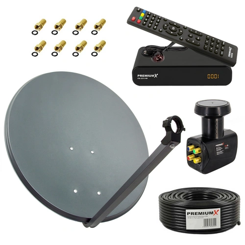 PremiumX Satelliten-Komplettanlage 60cm Satellitenschüssel ALU Anthrazit SAT Quad LNB 50m Kabel FullHD TV Satelliten-Receiver PremiumX Satelliten-Komplettanlage 60cm Satellitenschüssel ALU Anthrazit SAT Quad LNB 50m Kabel FullHD TV Satelliten-Receiver