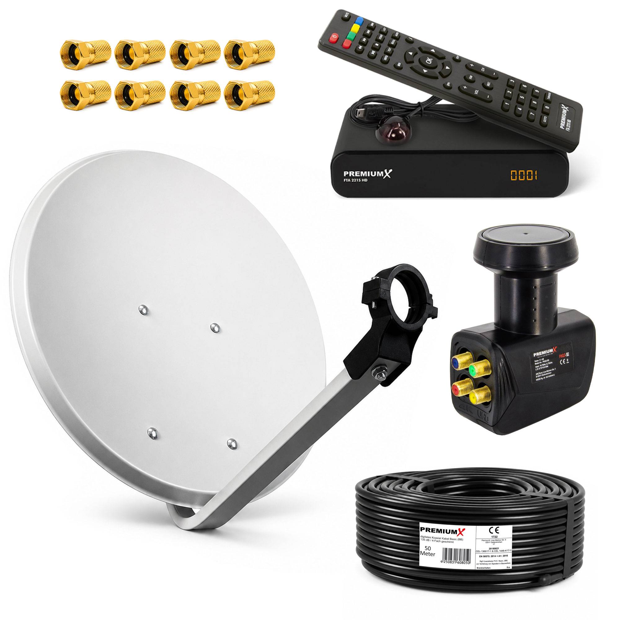 PremiumX Satelliten-Komplettanlage 60cm Satellitenschüssel Stahl Hellgrau Quad LNB 50m Kabel FullHD TV Sat-Receiver HDMI-Kabel