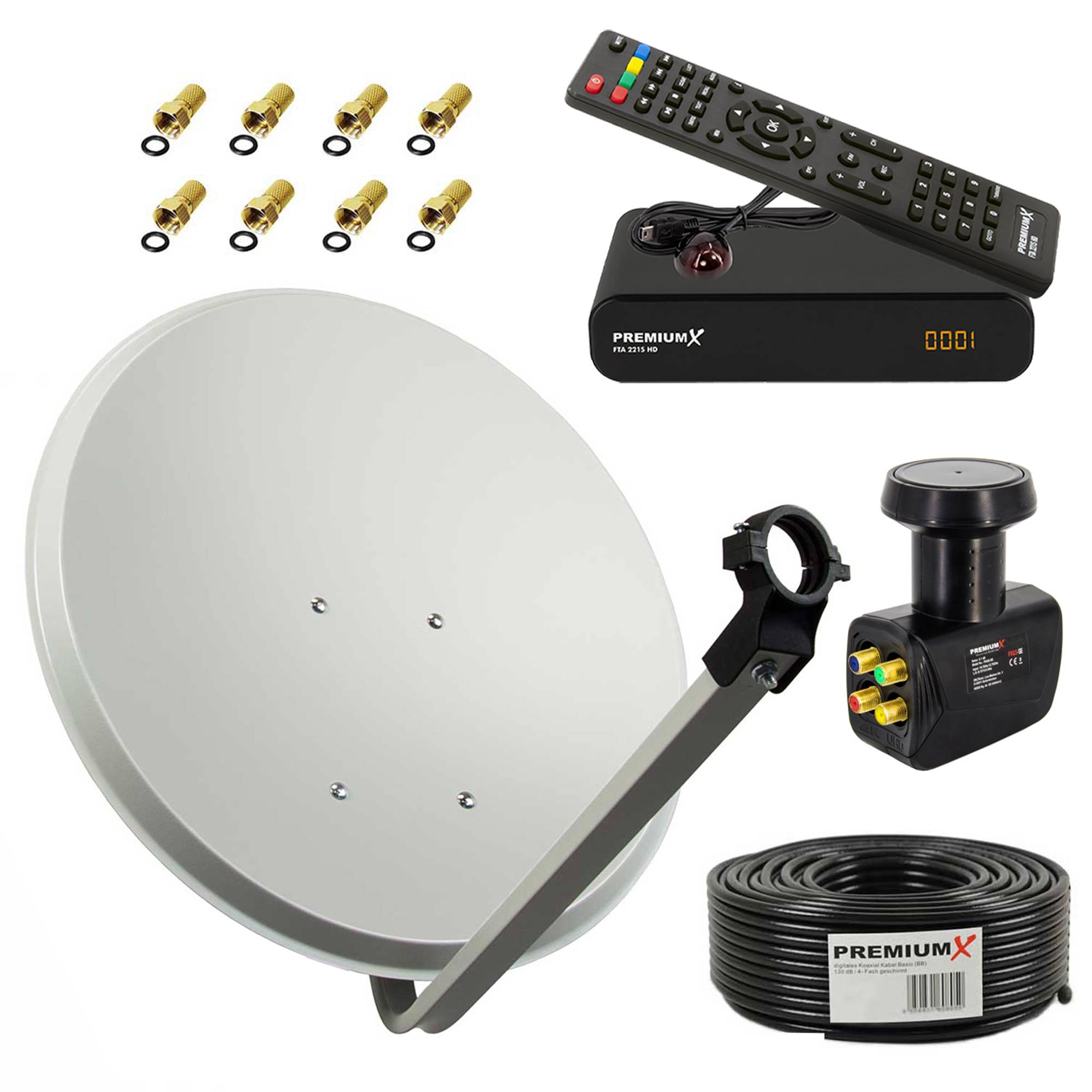 PremiumX Satelliten-Komplettanlage Satellitenschüssel 60cm Aluminium Hellgrau Quad LNB 50m Kabel SAT TV mini Receiver FullHD