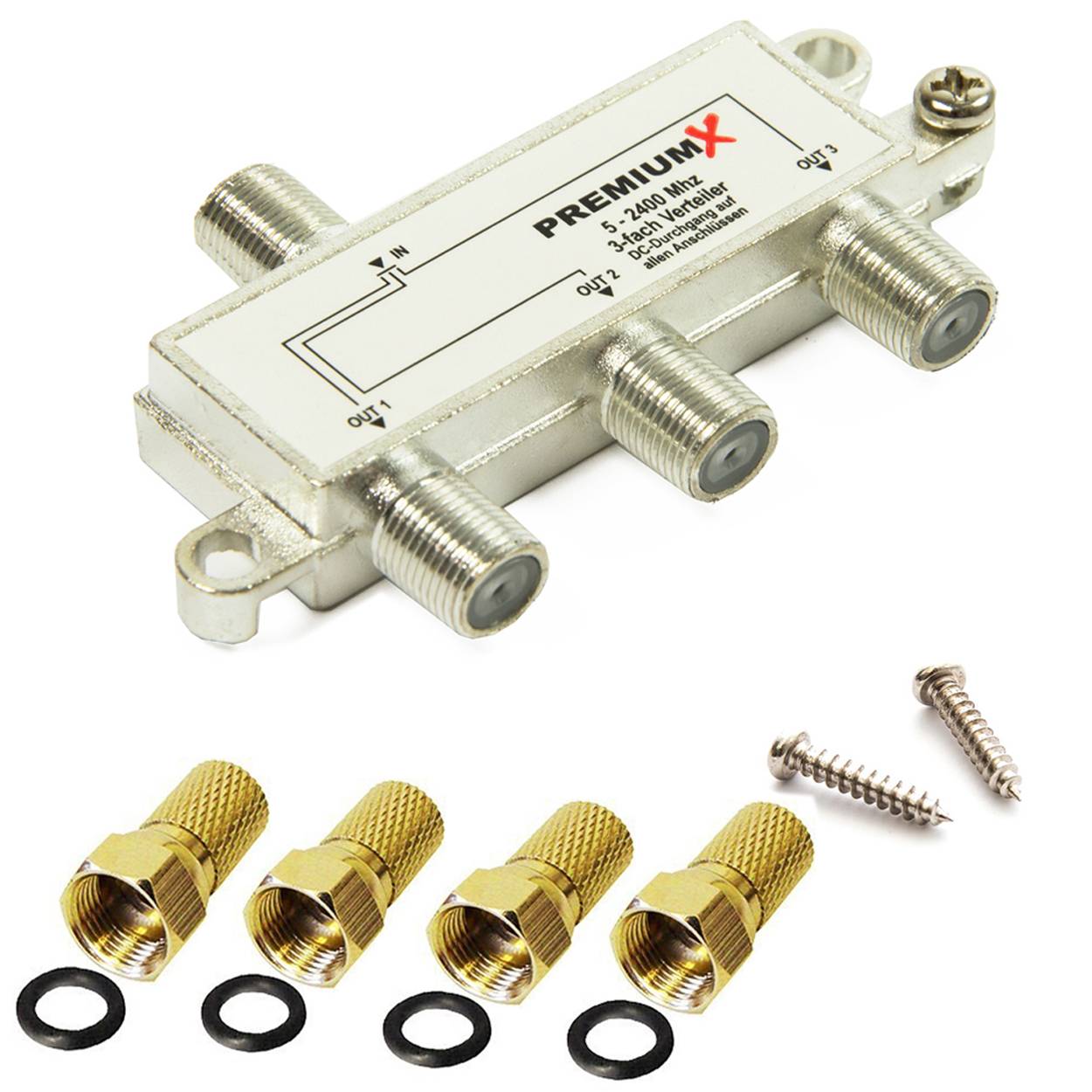 PremiumX Switch 3-fach Verteiler 5-2400 MHz SAT Umschalter Digital Kabel HDTV 4K inkl. 4 F-Stecker