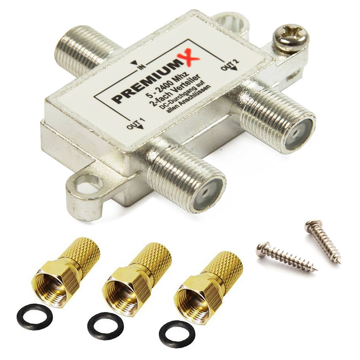 PremiumX Switch 2-fach Verteiler 5-2400 MHz SAT Umschalter Digital Kabel HDTV 4K inkl. 3 F-Stecker