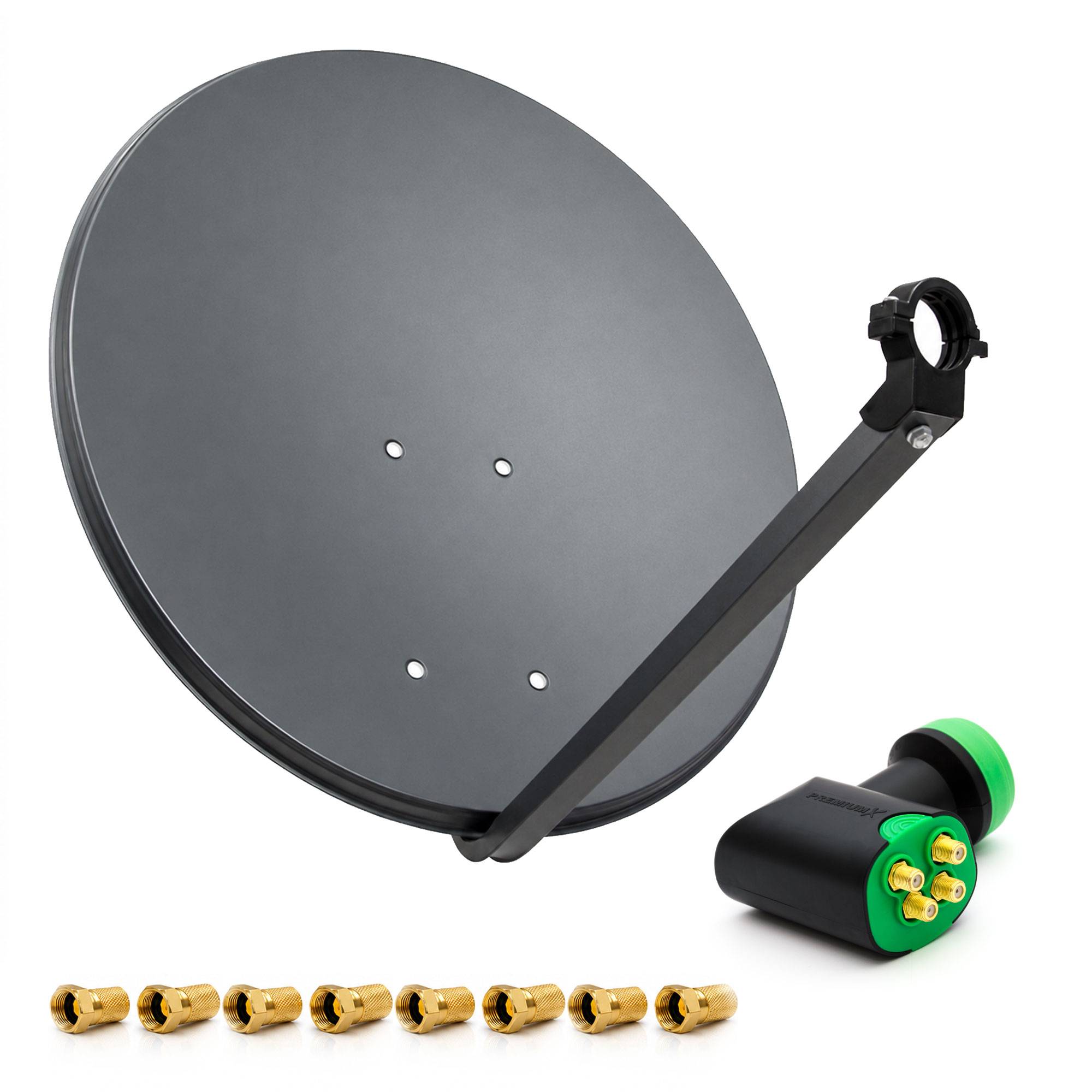PremiumX Satelliten-Komplettanlage 60cm Satellitenantenne Anthrazit SAT Schüssel Green Diamond Quad LNB 8x F-Stecker