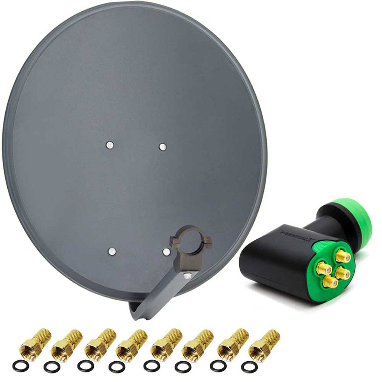 PremiumX Satelliten-Komplettanlage 60cm Satellitenantenne Anthrazit SAT Schüssel Green Diamond Quad LNB 8x F-Stecker