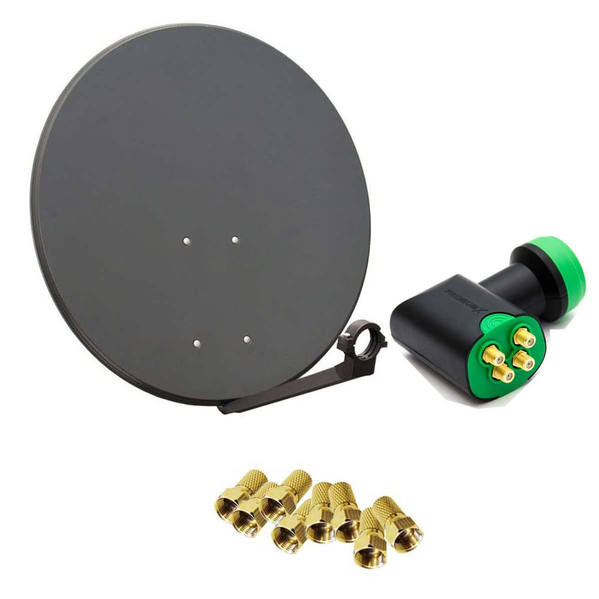 PremiumX Satelliten-Komplettanlage 80cm Satellitenschüssel Anthrazit Quad LNB 8x F-Stecker, SAT für 4 Teilnehmer
