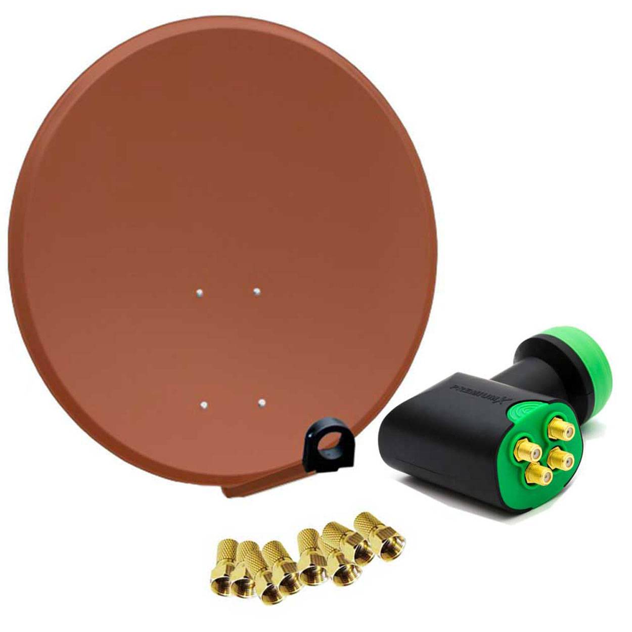 PremiumX Satelliten-Komplettanlage 80cm Satellitenschüssel Ziegelrot Quad LNB 8x F-Stecker, 1 SAT bis 4 Teilnehmer