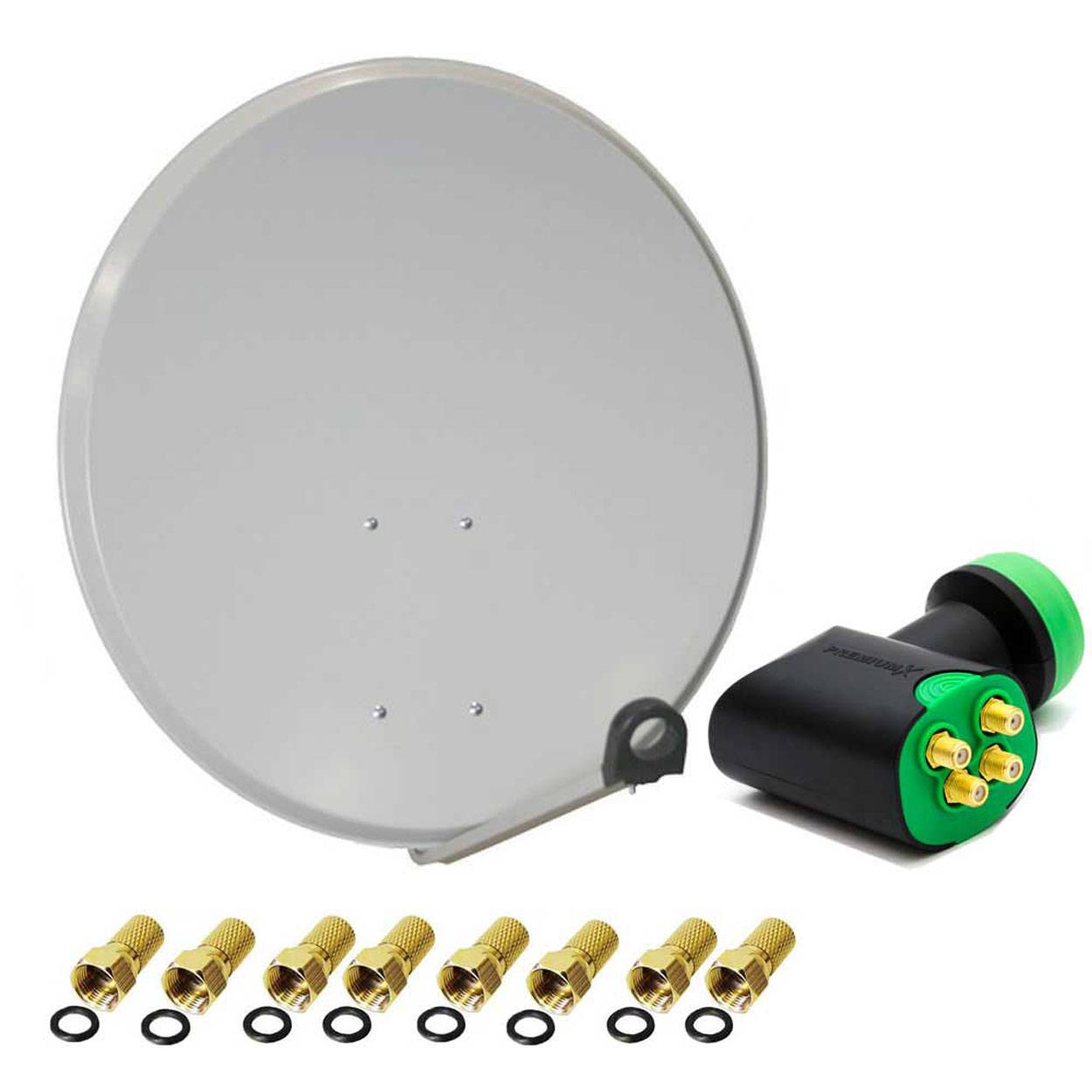 PremiumX Satelliten-Komplettanlage 60cm Satellitenantenne Stahl Hellgrau Green Diamond SAT Quad LNB 8x F-Stecker bis 4 Teilnehmer