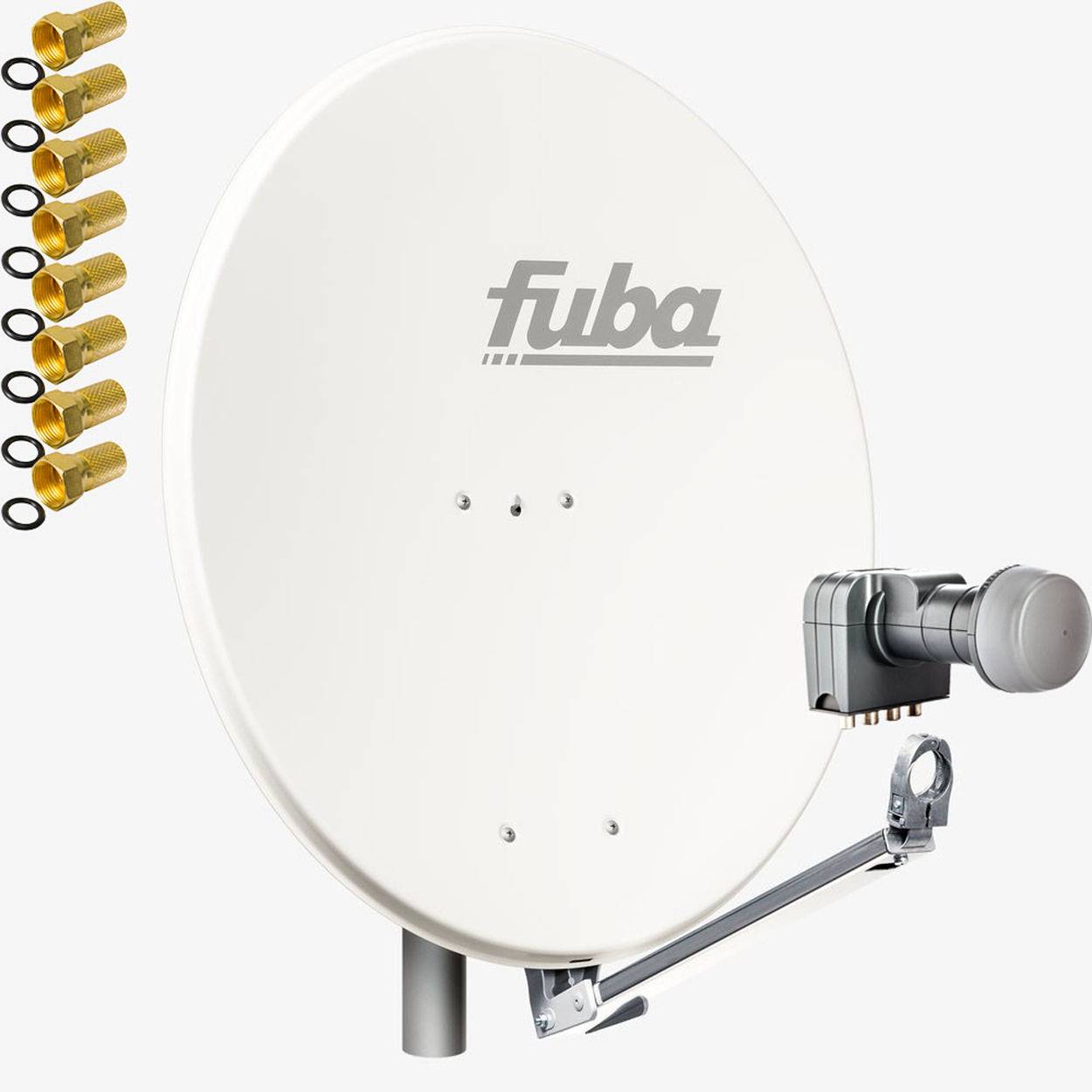Fuba DAL 804 W + Quad LNB Sat Satelliten Anlage Schüssel DEK 417 4 Teilnehmer Alu Spiegel Weiß für 4 Teilnehmer HDTV 4K 3D kompatibel Aluminium