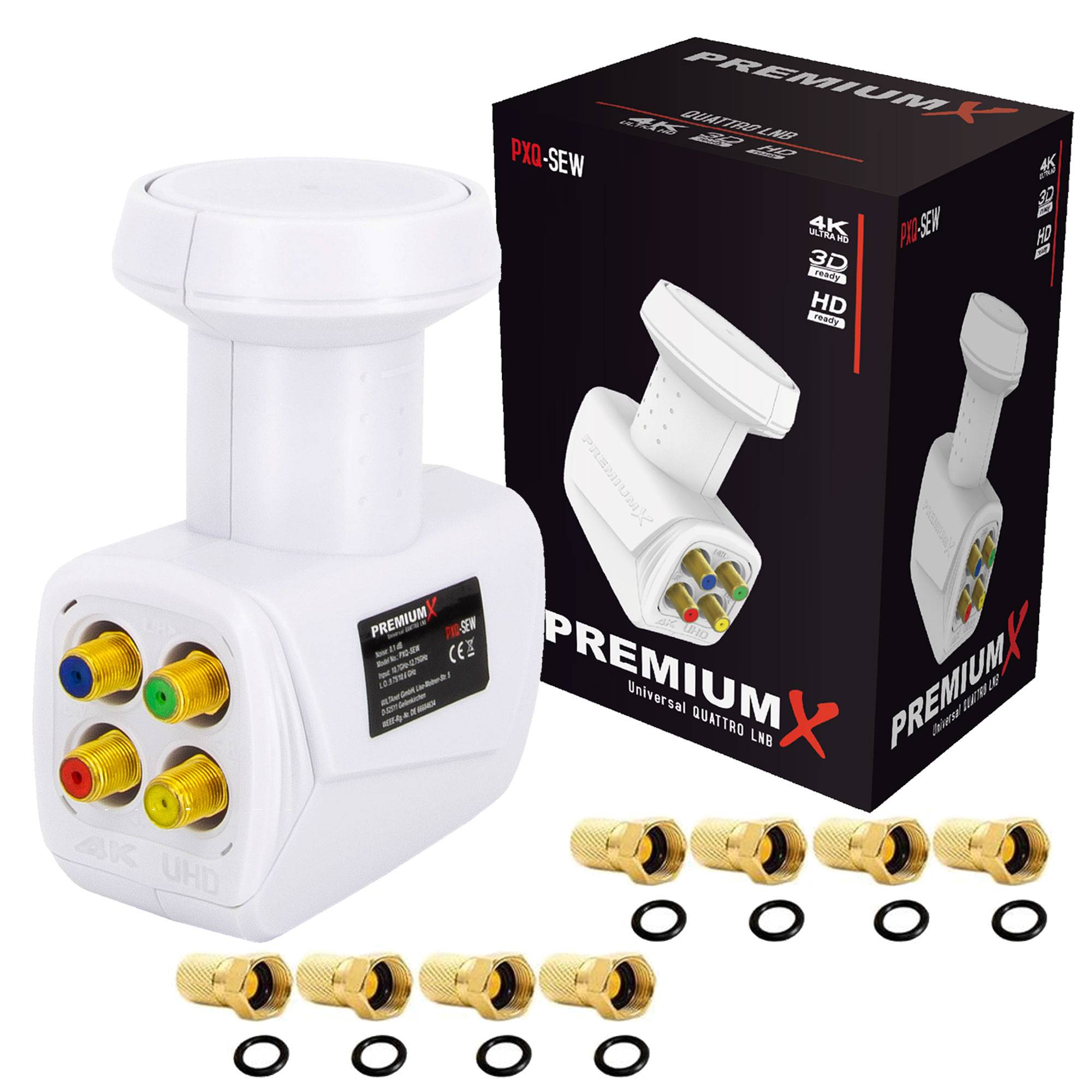 Premium X Quattro LNB - 4Fach - nur für Multischalter - 4K Full HD - mit Wetterschutz und LTE Filter + 8X F-Stecker für Satellitenschüssel Digital