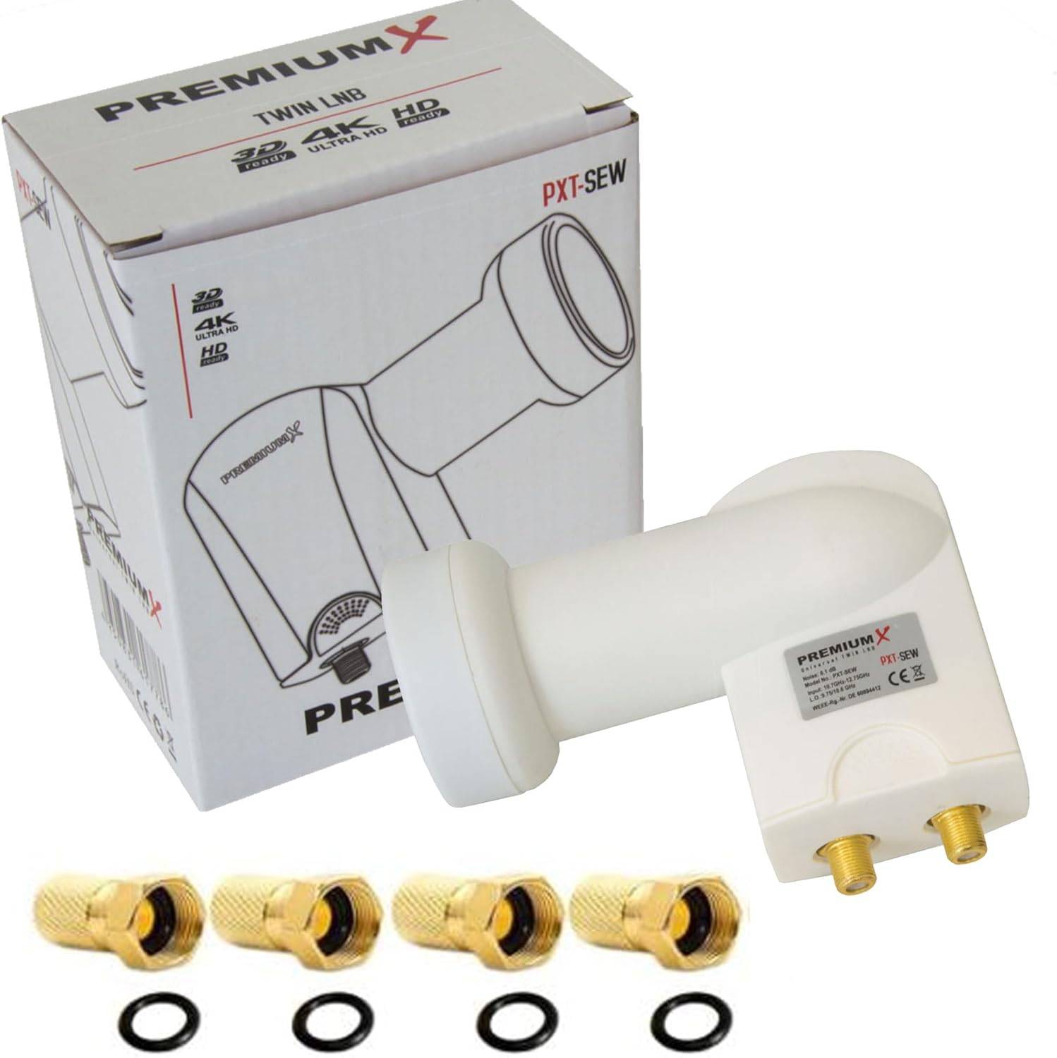 Premium X Twin LNB - 2Fach - für 2 Teilnehmer - 4K Full HD - mit Wetterschutz und LTE Filter + 4X F-Stecker für Satellitenschüssel Digital TV Ferns