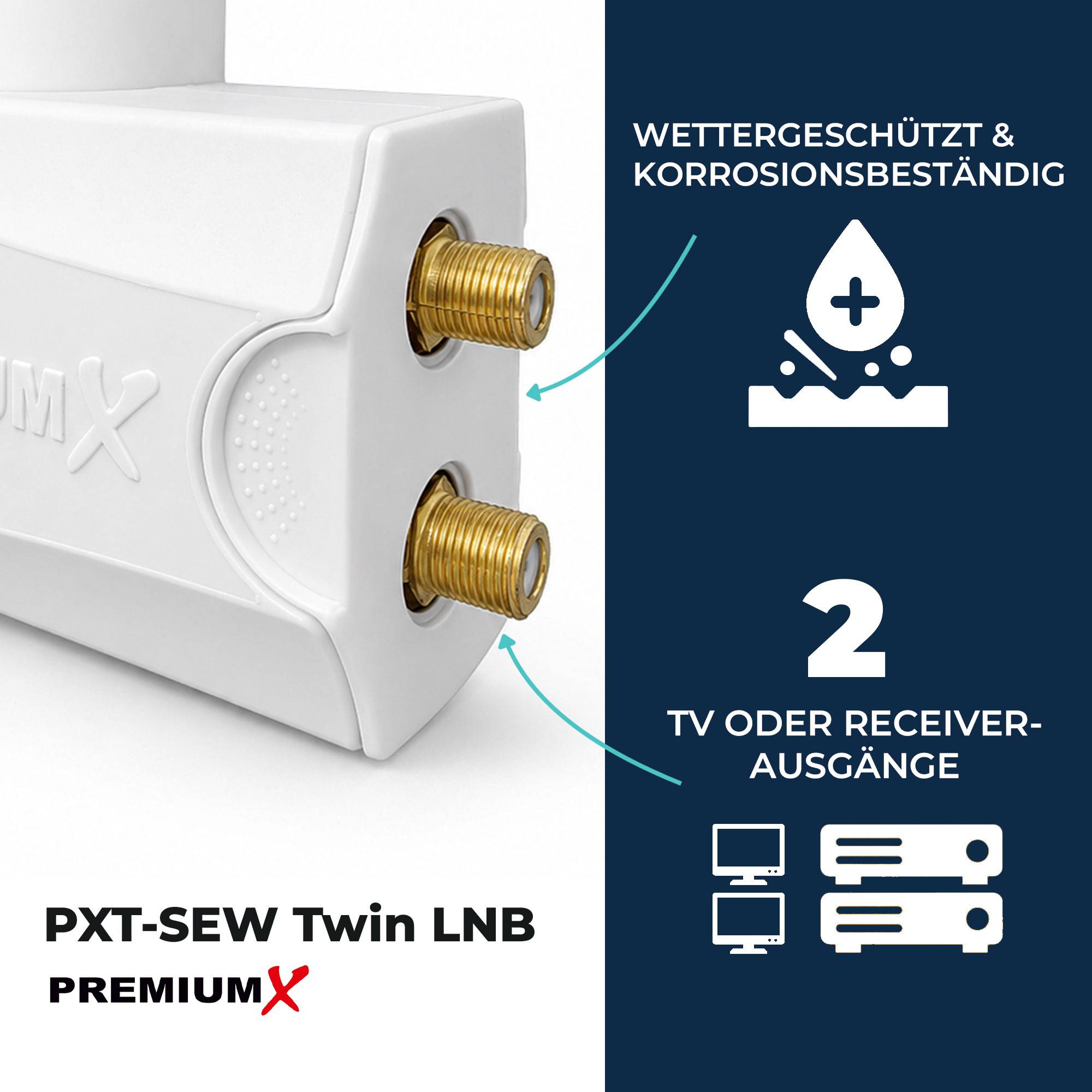 Produktabbildung eines PXT-SEW Twin LNB mit zwei vergoldeten Koaxialausgängen, beschriftet mit „wettergeschützt & korrosionsbeständig