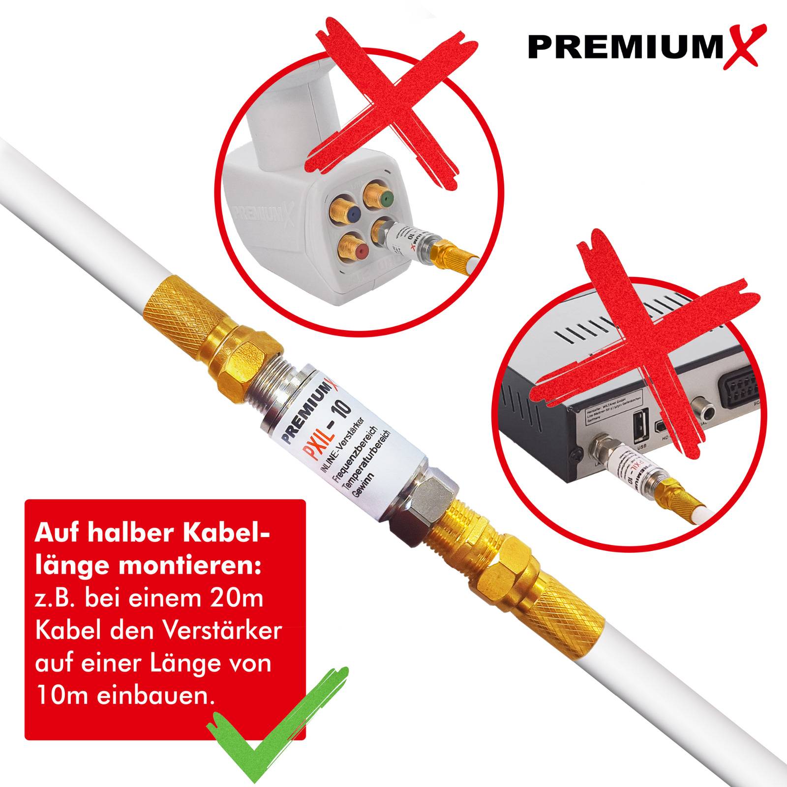 PremiumX 4x PXIL-10 Mini Inline Verstärker 20dB für SAT und DVB-T Leistungsverstärker 5-2500 MHz 4x F-Verbinder 8x F-Stecker 7mm