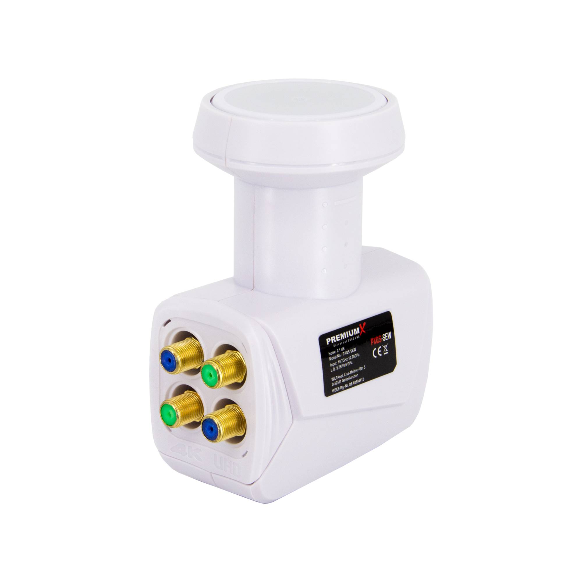 PremiumX Quad LNB PXQS-SEW Digital SAT für 4 Teilnehmer Weiß Quattro Switch 4-fach Empfangskopf 0,1dB DVB-S2 HDTV 4K Wetterschutz