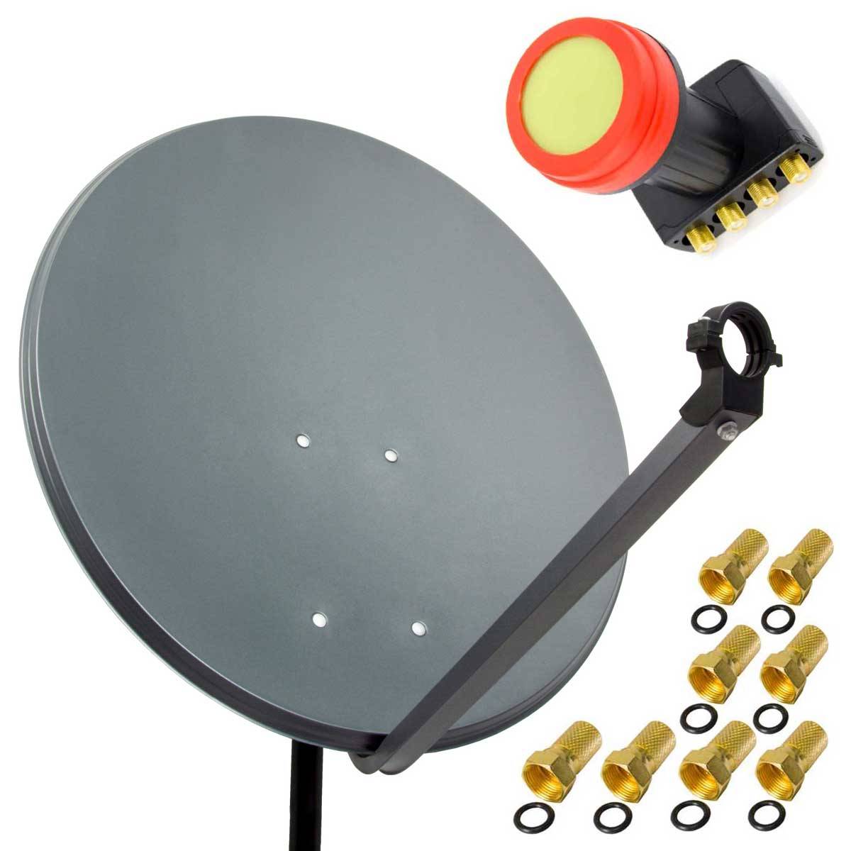 PremiumX 45cm Satelliten-Schüssel Stahl Anthrazit Sat Antenne SUN Quad LNB 8x F-Stecker Satelliten-Komplettanlage 4 Teilnehmer