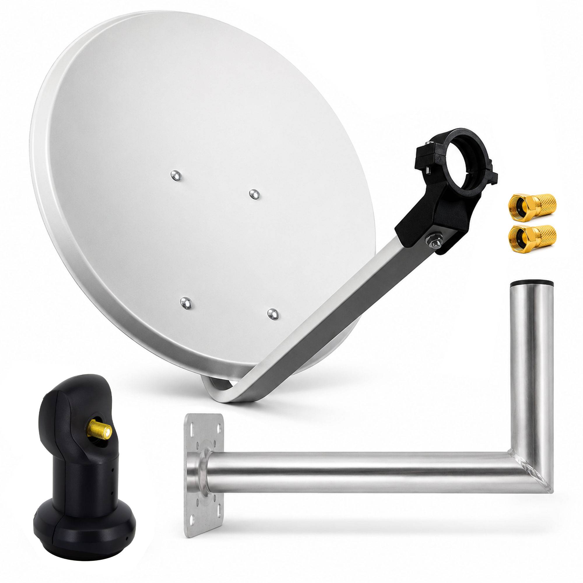 Montagehardware-Set für Satellitenschüssel mit Schüsselarm, Wandhalterung, Masthalter und Messingverbindern auf weißem Hintergrund