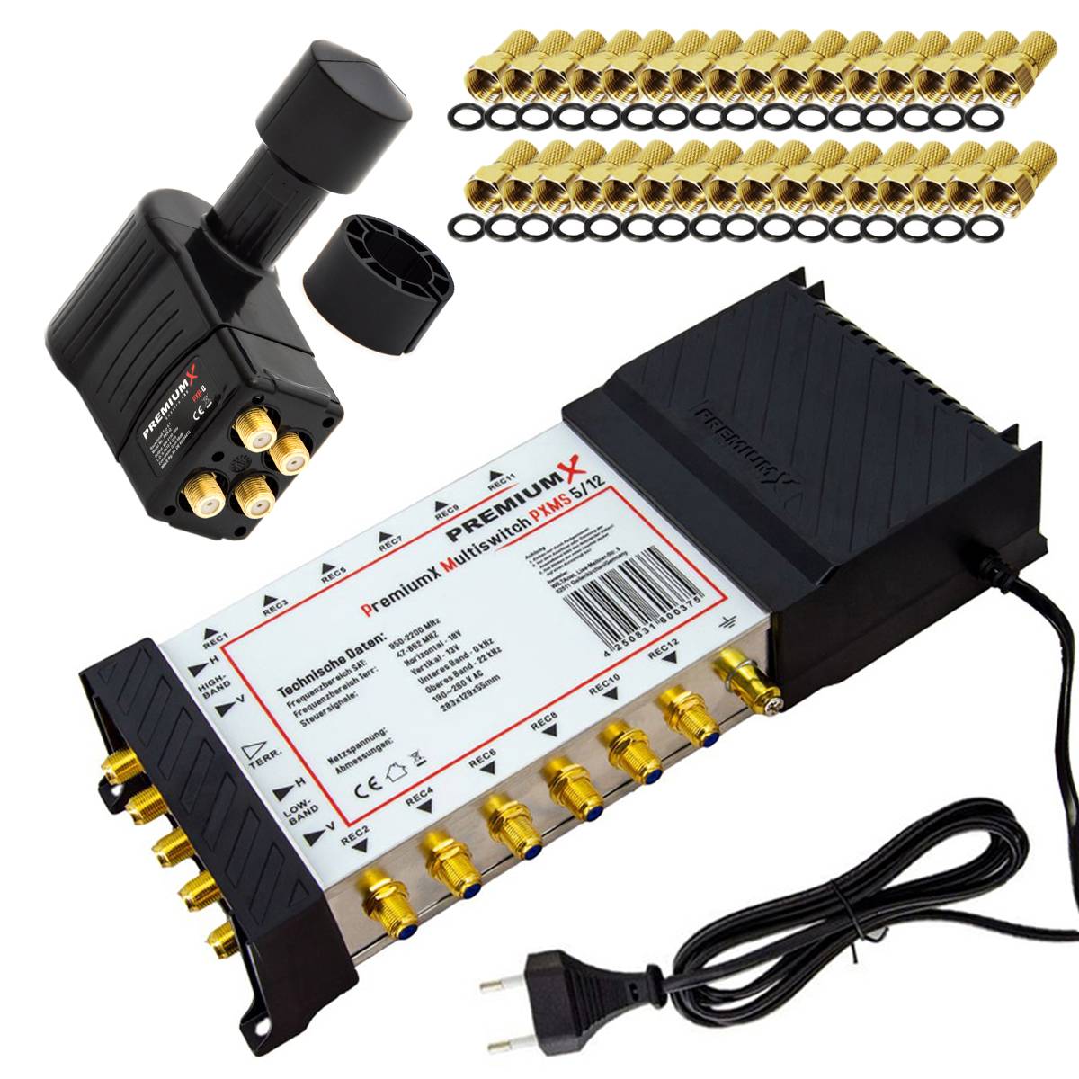PremiumX Multischalter Set 5/12 Multiswitch Rocket Multifeed Quattro LNB 32x F-Stecker, Signalverteiler 1 SAT für 12 Teilnehmer
