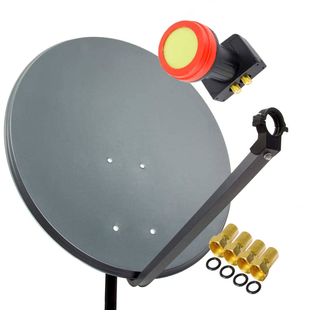PremiumX Satelliten-Komplettanlage 60cm Satellitenschüssel Stahl Anthrazit Sat Antenne SUN Twin LNB Satellitenantenne 4x F-Stecker
