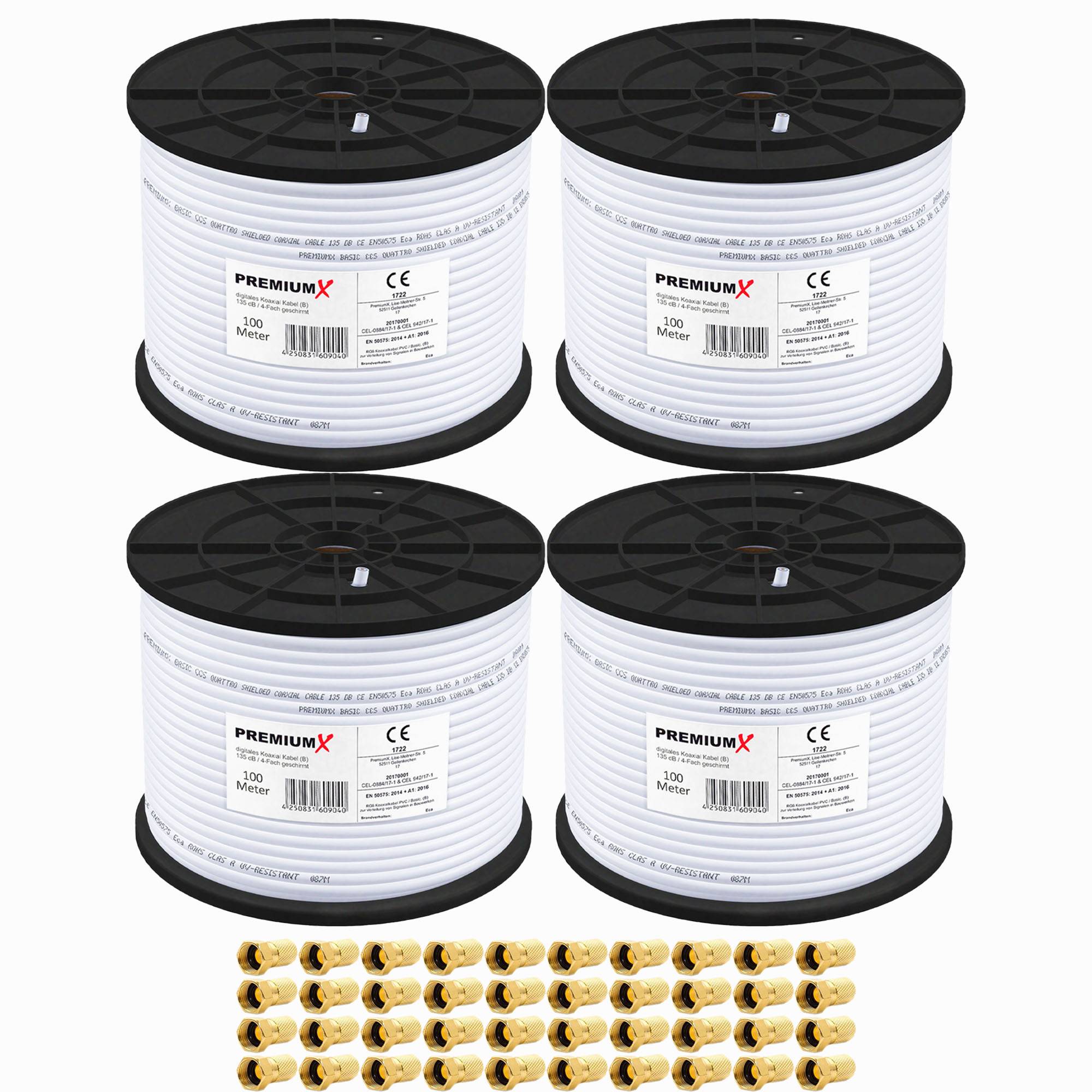 PremiumX 400m 4x 100m Antennenkabel 135dB 4-fach SAT Koaxialkabel Satellitenkabel Koaxkabel 40x F-Stecker 0,27 €/m