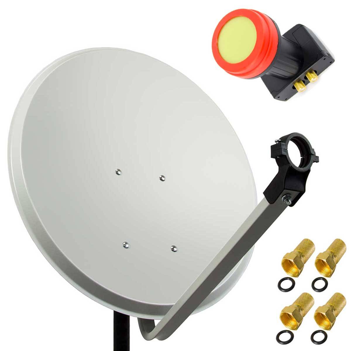 PremiumX 45cm Satellitenschüssel Stahl Hellgrau Sat Antenne SUN Twin LNB Satellitenantenne SAT Anlage 4 F-Stecker 2 TN
