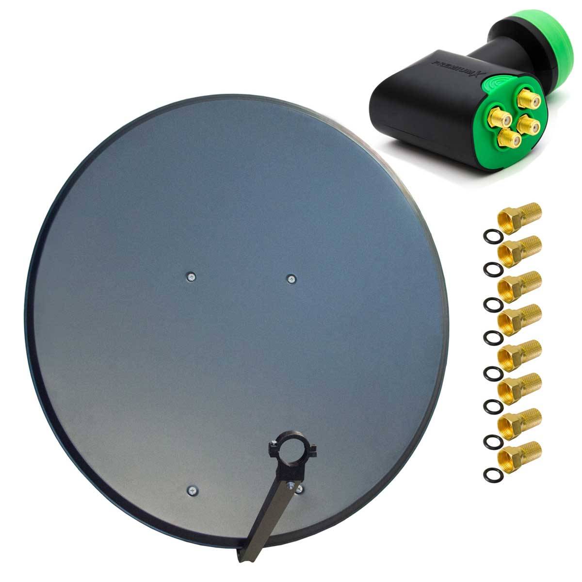 PremiumX Satelliten-Komplettanlage 100cm Satellitenschüssel Aluminium Anthrazit Quad LNB 8x F-Stecker, SAT bis 4 Teilnehmer Receiver