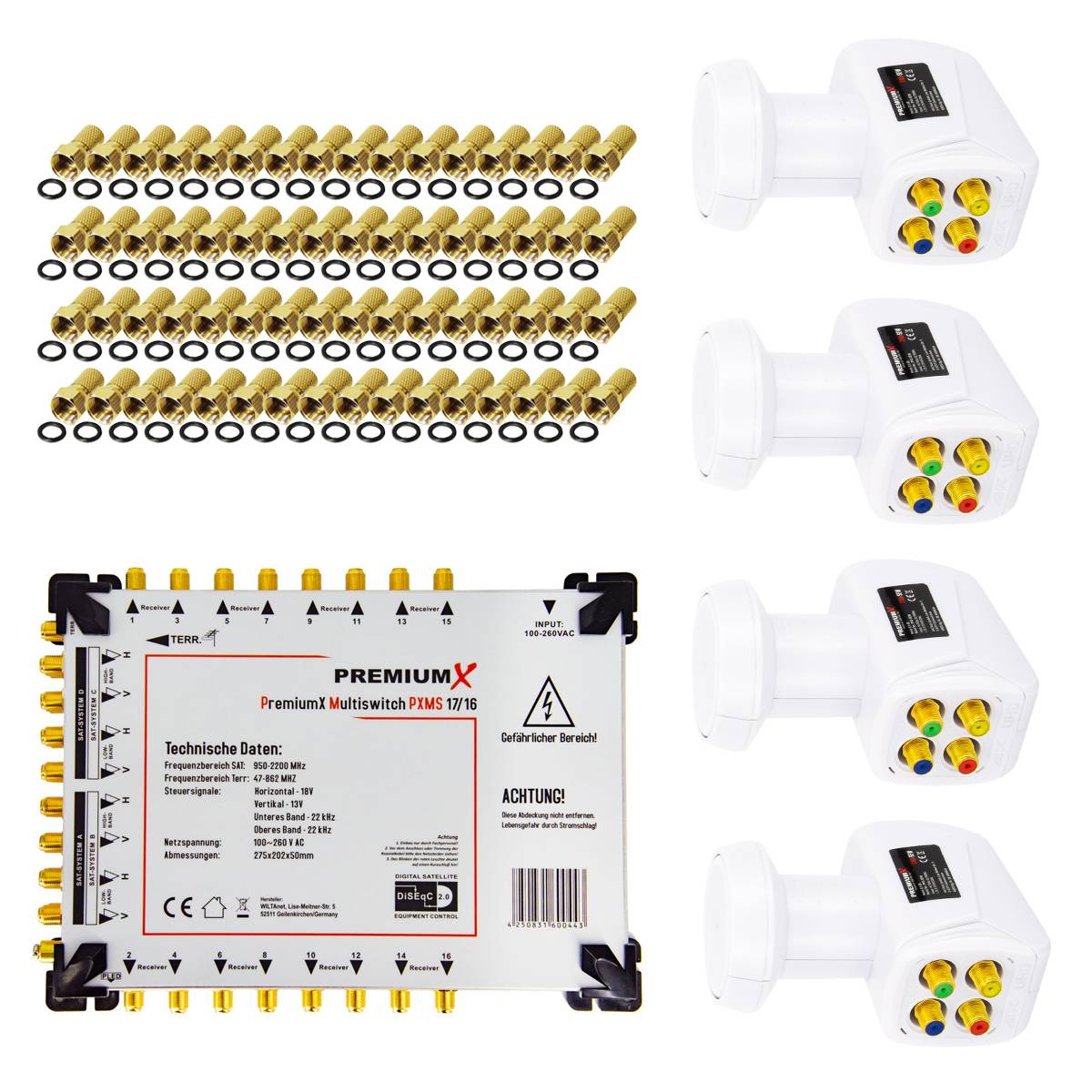 PremiumX Multischalter Set 17/16 Satelliten Multiswitch 4x Quattro LNB 64x F-Stecker 4 SAT für 16 Teilnehmer HDTV FullHD 4K UHD 8K