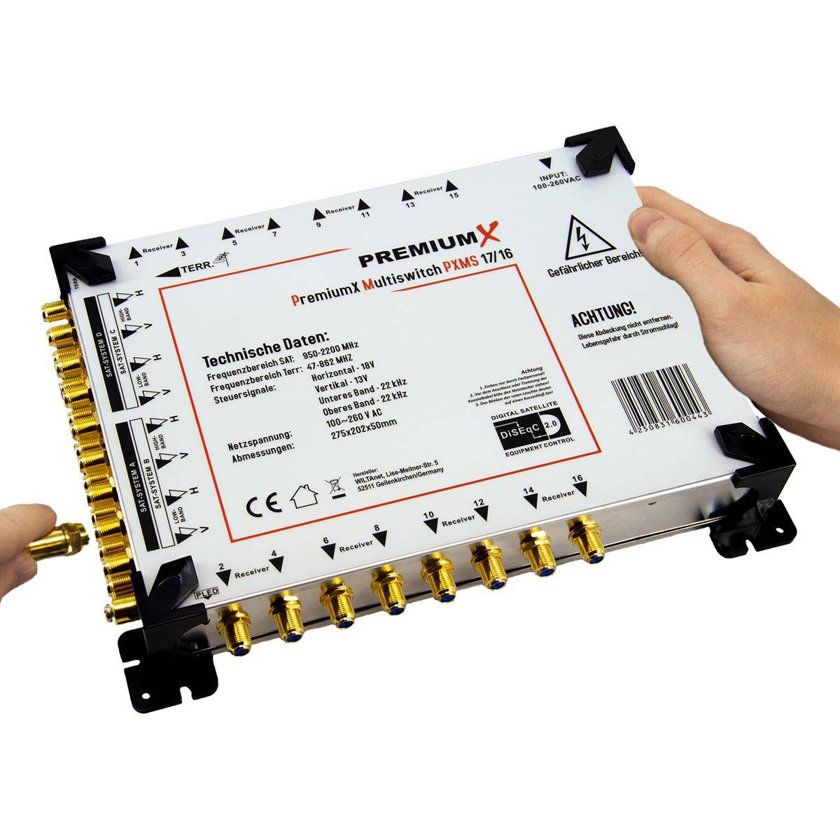 PremiumX Multischalter Set 17/16 Satelliten Multiswitch 4x Quattro LNB 64x F-Stecker 4 SAT für 16 Teilnehmer HDTV FullHD 4K UHD 8K