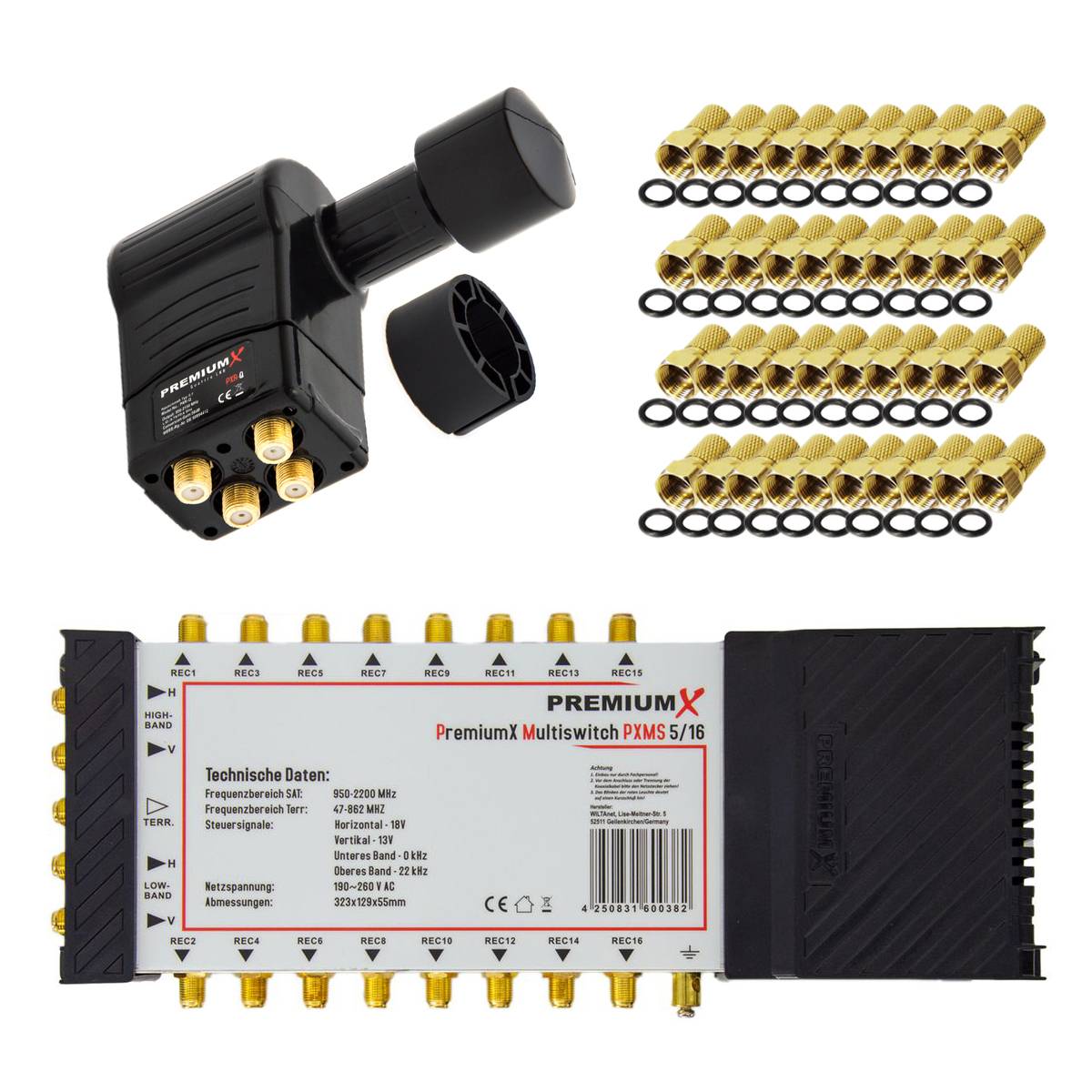 PremiumX Multischalter Set 5/16 Multiswitch Rocket Multifeed 3° Quattro LNB 40x F-Stecker, Signalverteiler 1 SAT für 16 Teilnehmer