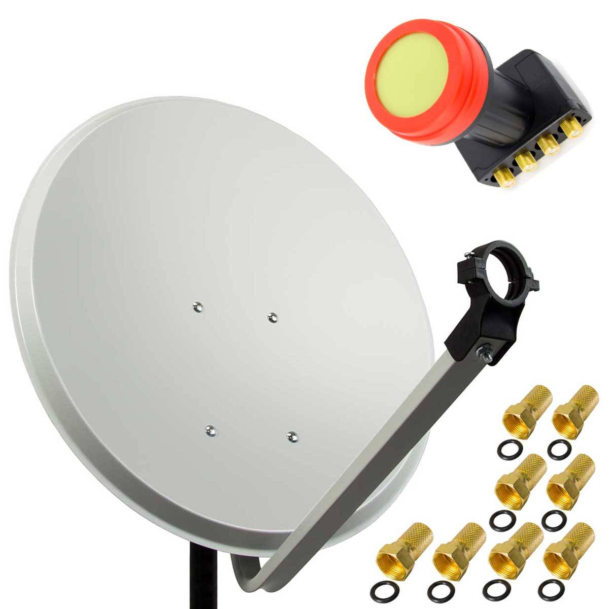 PremiumX 45cm Satellitenschüssel Stahl Hellgrau Sat Antenne SUN Quad LNB Satellitenantenne SAT Anlage 8 F-Stecker 4 TN