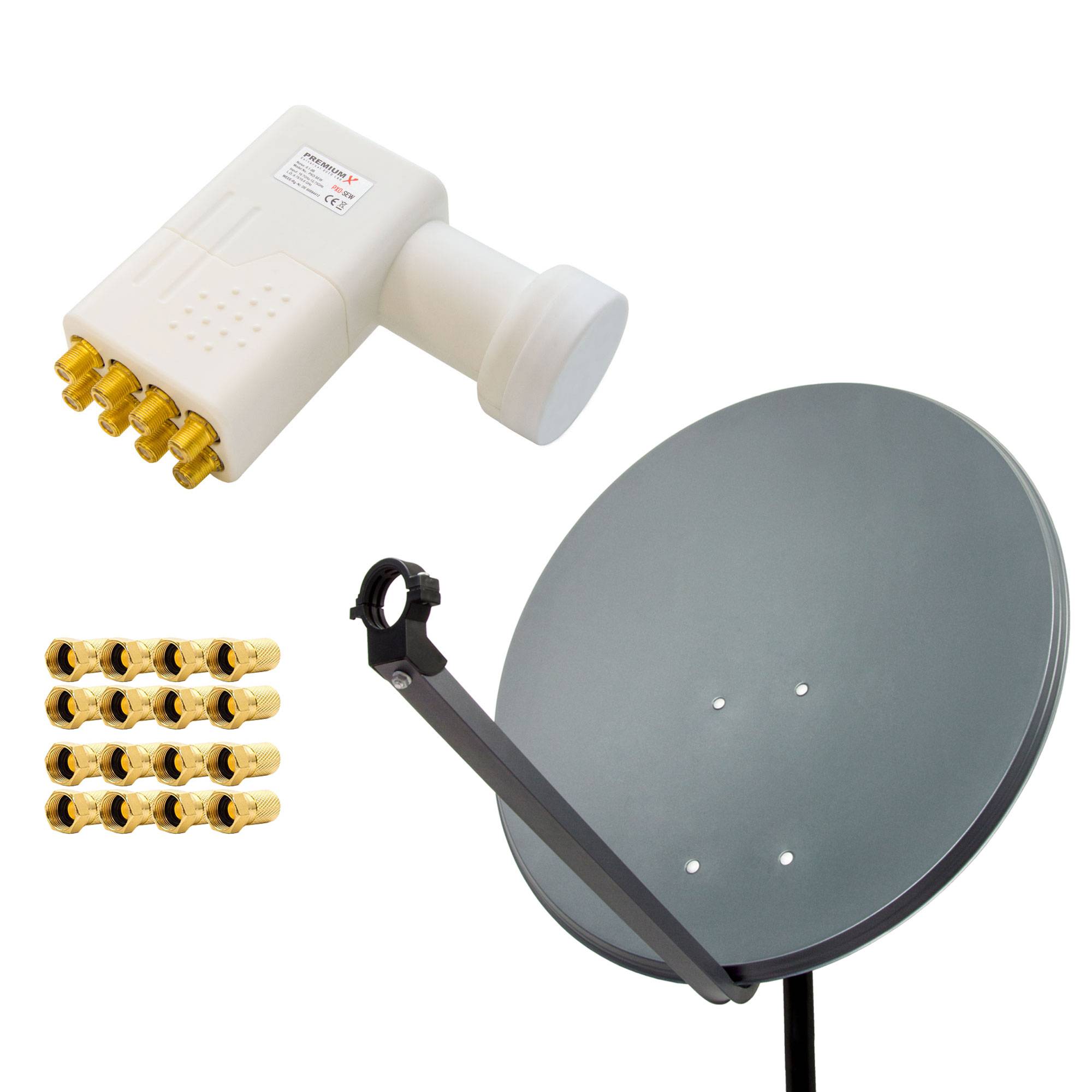 PremiumX Satelliten-Komplettanlage 80cm Antenne Anthrazit TV Satellitenschüssel SAT Octo LNB 16x F-Stecker bis 8 Teilnehmer