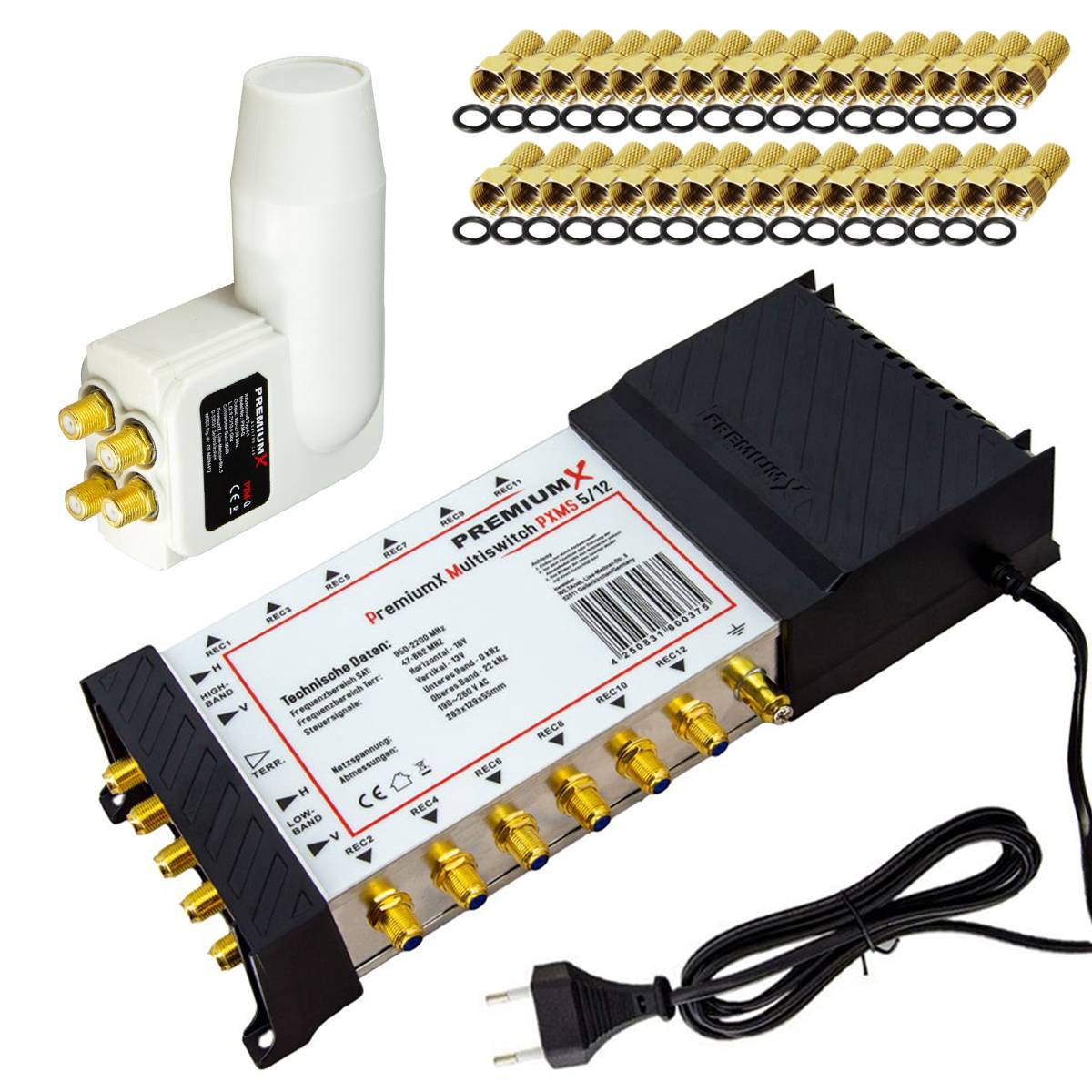 PremiumX Multischalter Set 5/12 Multiswitch Multifeed Rocket Quattro LNB 32x F-Stecker, Signalverteiler 1 SAT für 12 Teilnehmer