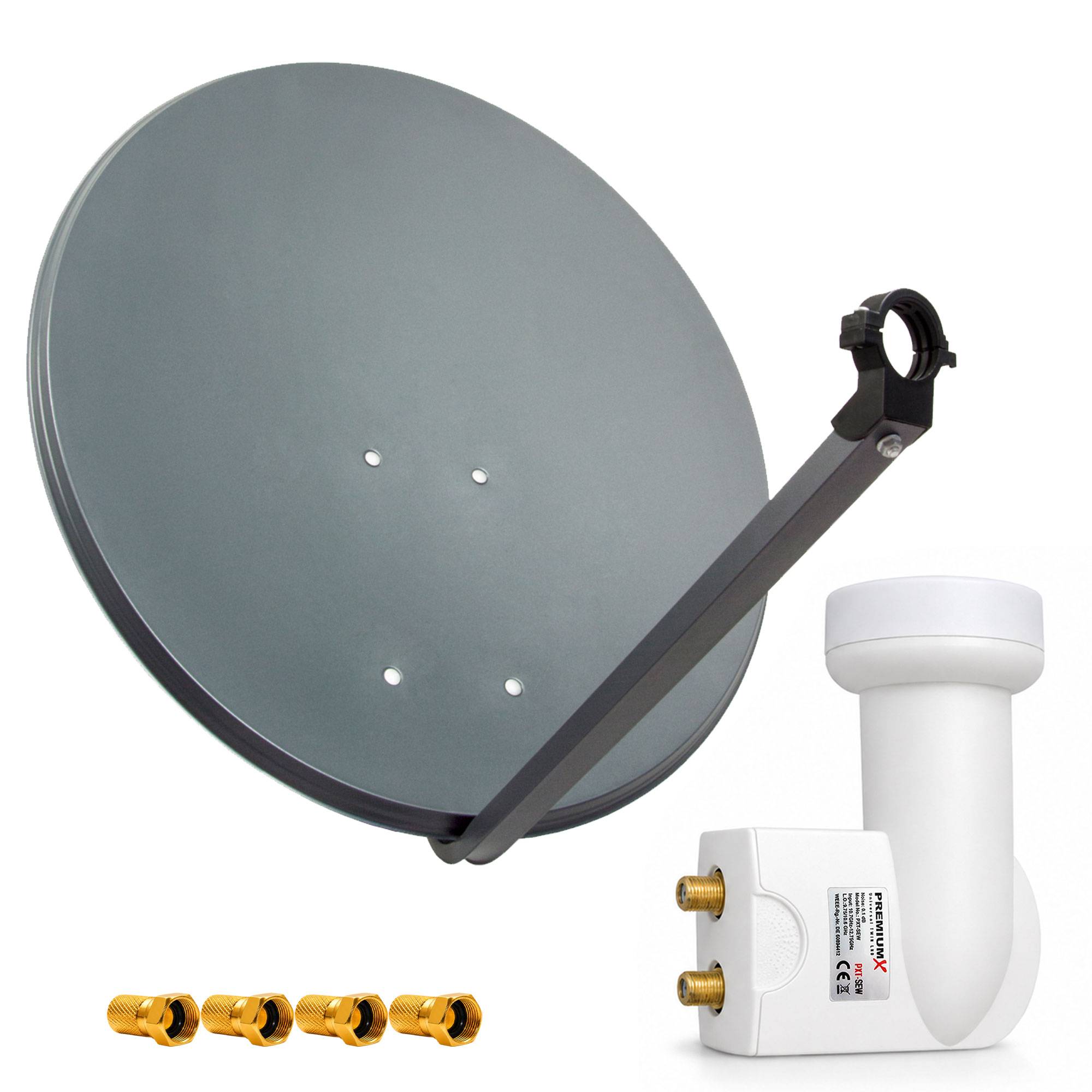 PremiumX Satelliten-Komplettanlage 60cm Satellitenschüssel SAT Antenne Anthrazit Satellitenantenne Twin LNB 4x F-Stecker 2 Teilnehmer