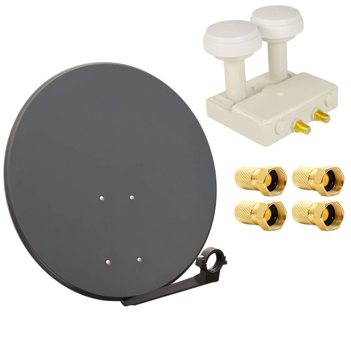 PremiumX Satelliten-Komplettanlage 80cm Satellitenschüssel Anthrazit Twin Monoblock LNB 4x F-Stecker 2 SAT für 2 Teilnehmer