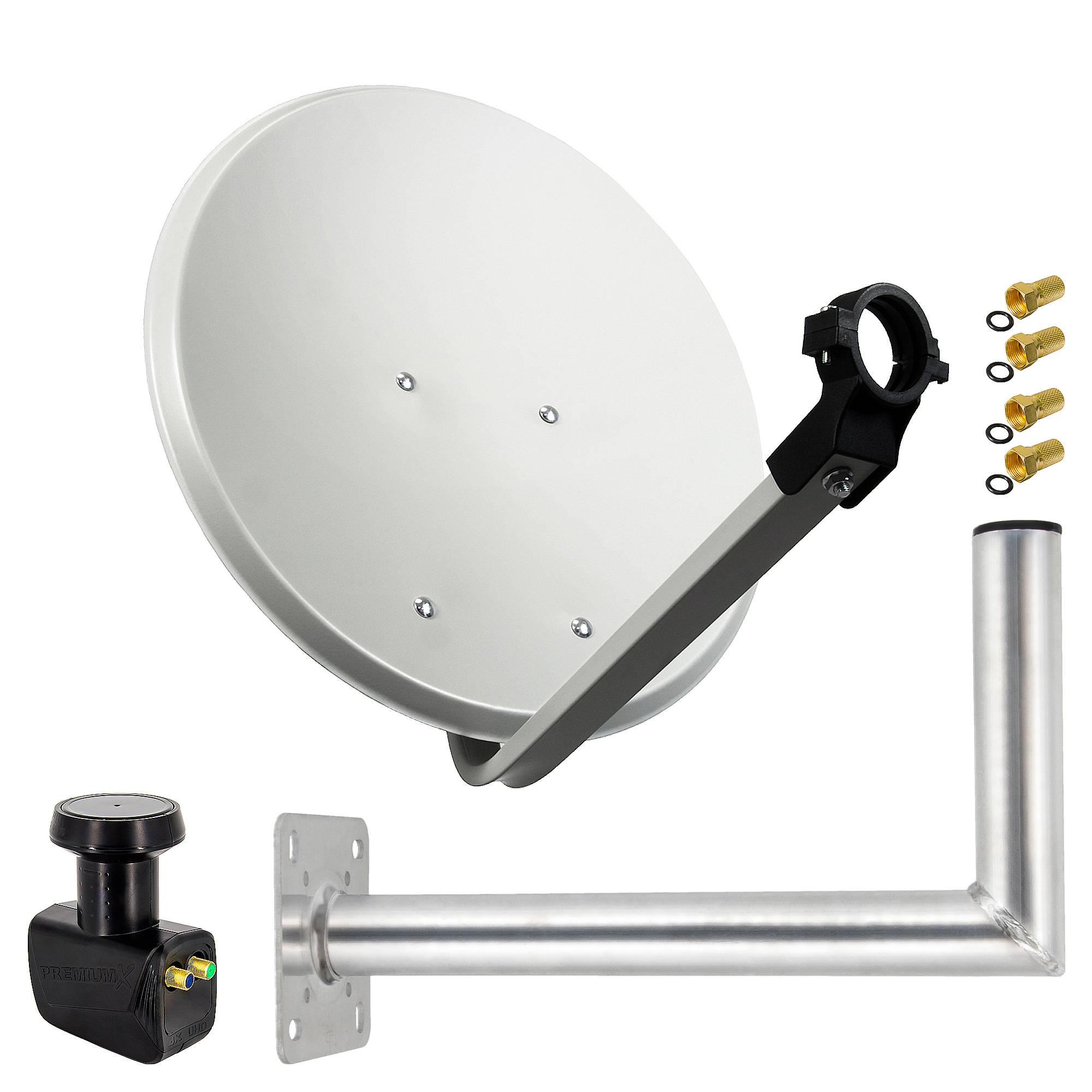 PremiumX SAT Anlage 45cm Hellgrau Satellitenantenne Stahl Satellitenschüssel Twin LNB Wandhalter 45cm ALU 2TN 4 Stecker