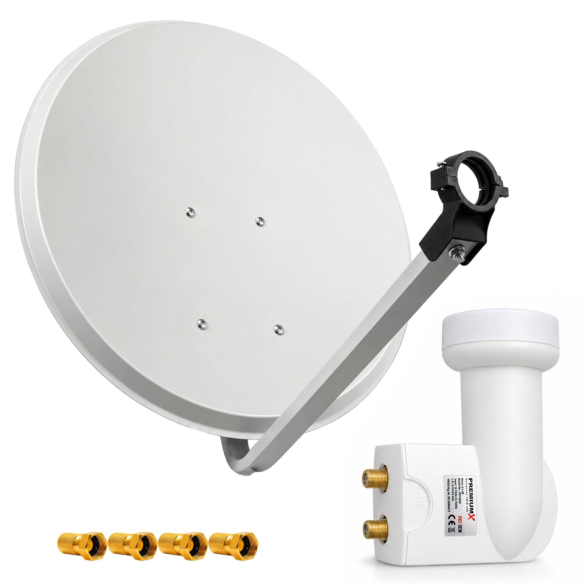 PremiumX Satelliten-Komplettanlage 80cm Satellitenschüssel Aluminium Hellgrau Twin LNB 4x F-Stecker, SAT bis 2 Teilnehmer