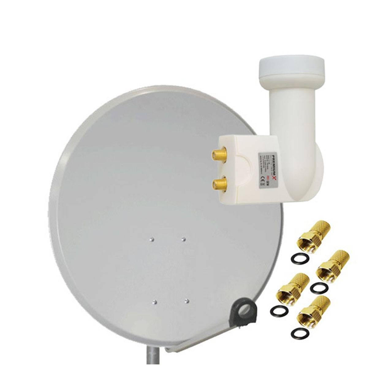 PremiumX Satelliten-Komplettanlage 80cm Satellitenschüssel Aluminium Hellgrau Twin LNB 4x F-Stecker, SAT bis 2 Teilnehmer