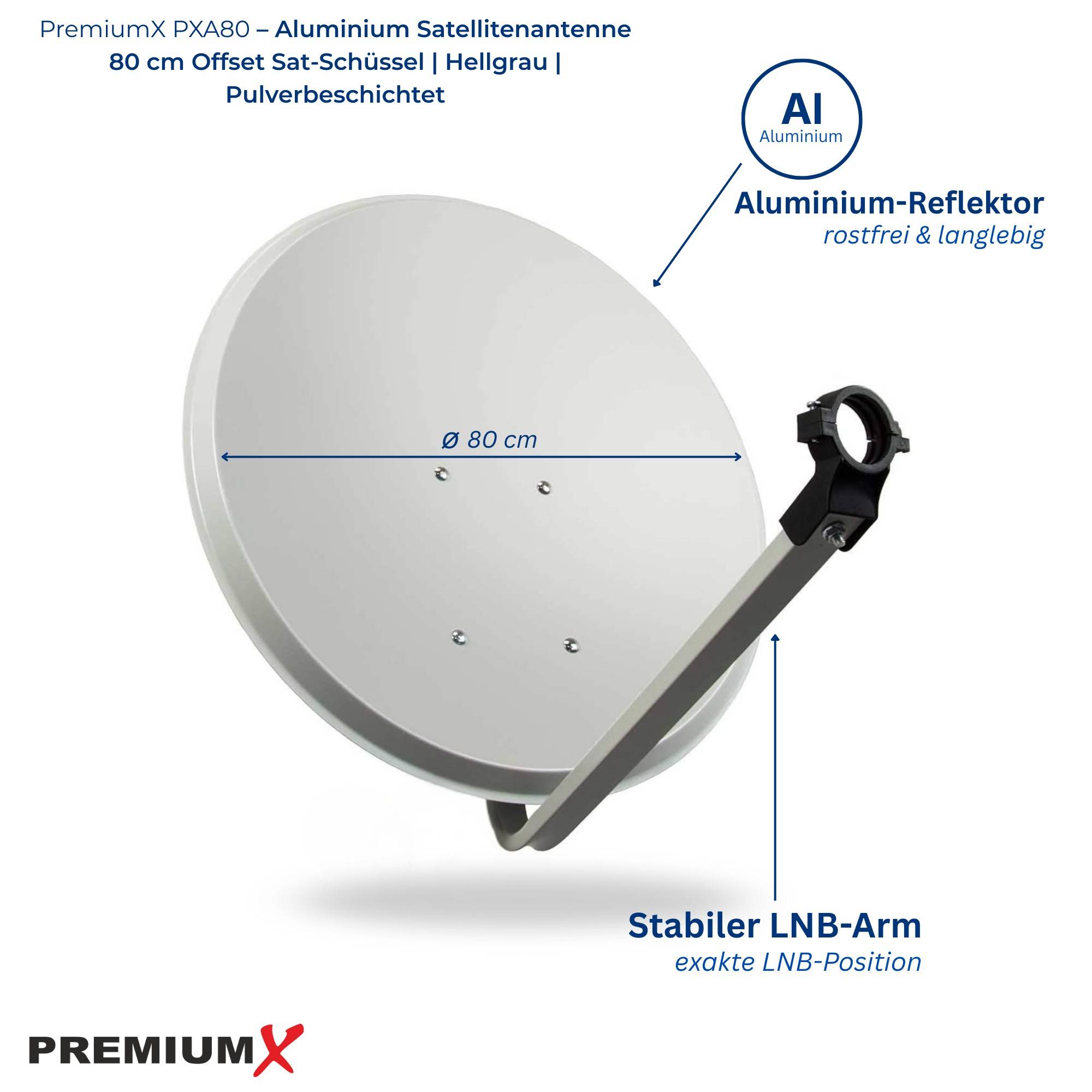 PremiumX Satelliten-Komplettanlage 80cm Satellitenschüssel Aluminium Hellgrau Twin LNB 4x F-Stecker, SAT bis 2 Teilnehmer