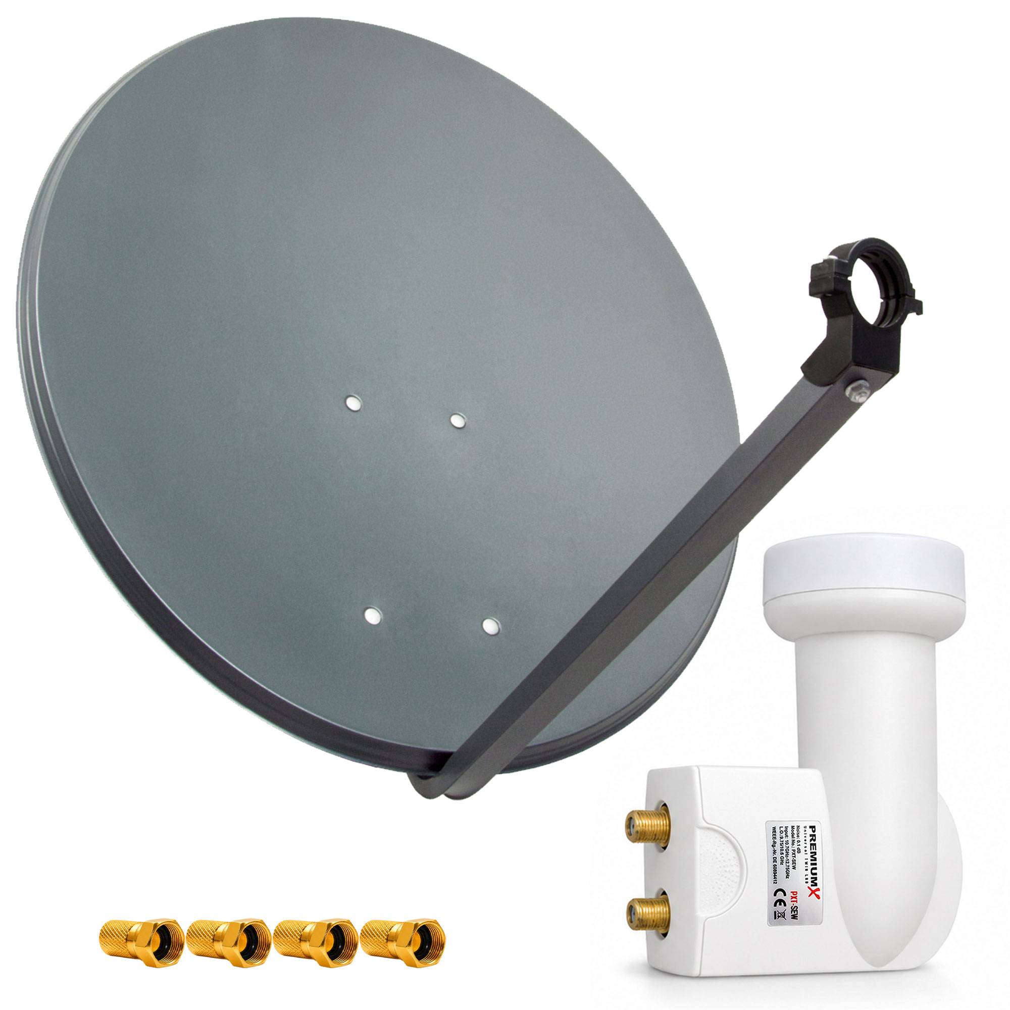 PremiumX Satelliten-Komplettanlage 80cm Satellitenschüssel Anthrazit TV Satellitenantenne SAT Twin LNB 4x F-Stecker 2 Teilnehmer