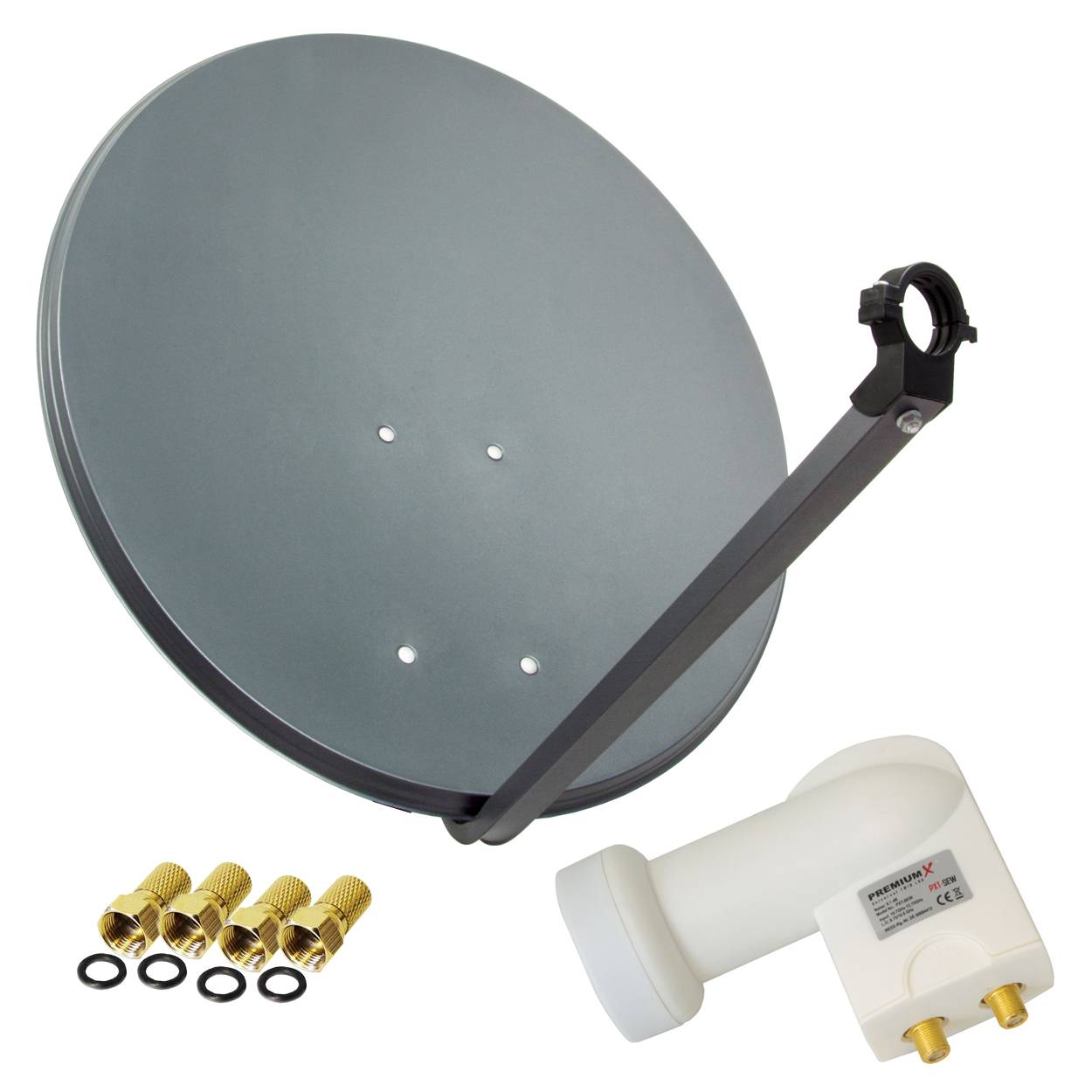 PremiumX Satelliten-Komplettanlage 80cm Satellitenschüssel Aluminium Anthrazit Twin LNB 4x F-Stecker, SAT bis 2 Teilnehmer