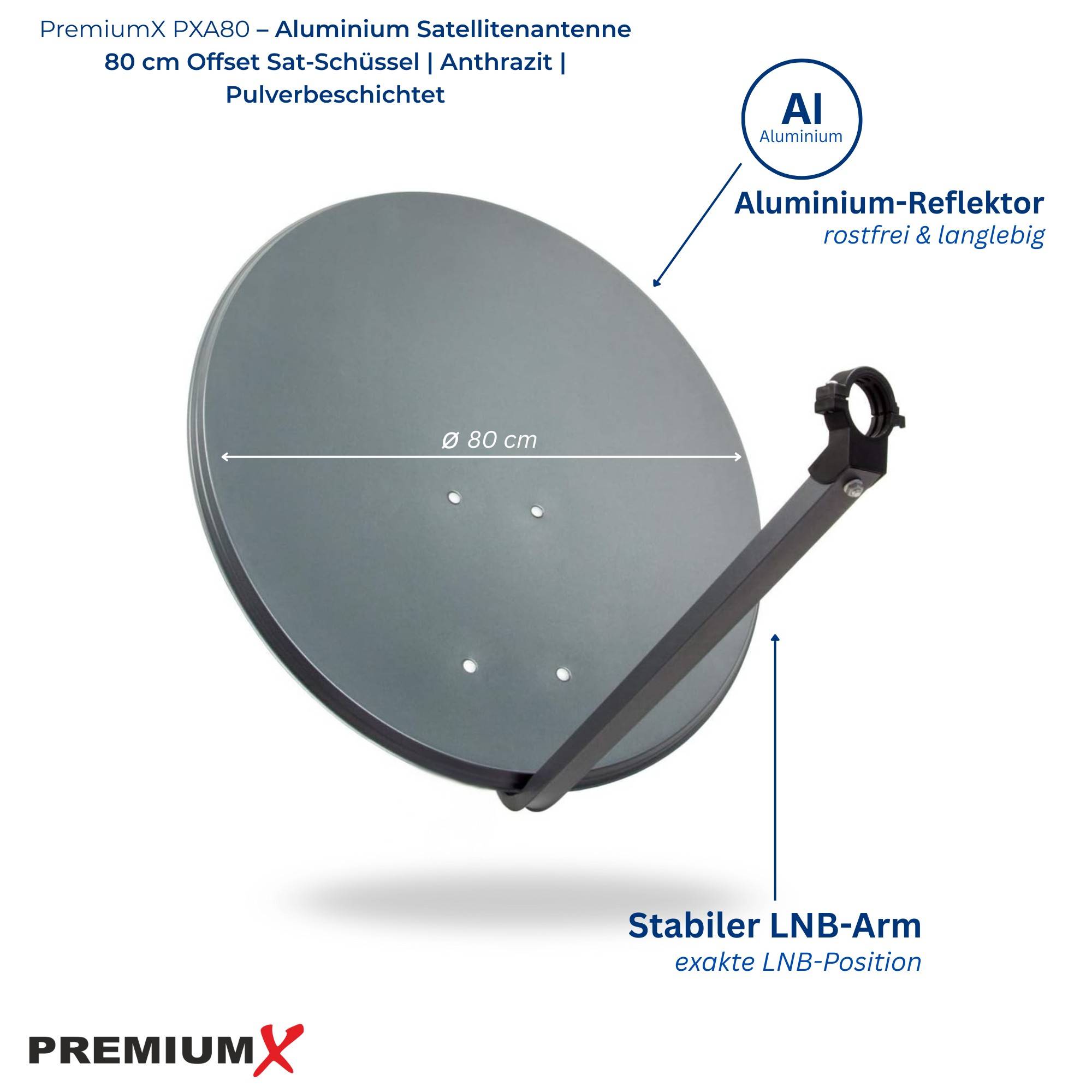 Produktbild einer grauen 80-cm-Aluminiumsat­ellitenschüssel mit LNB-Arm, gekennzeichnet als rostfrei und langlebig.
