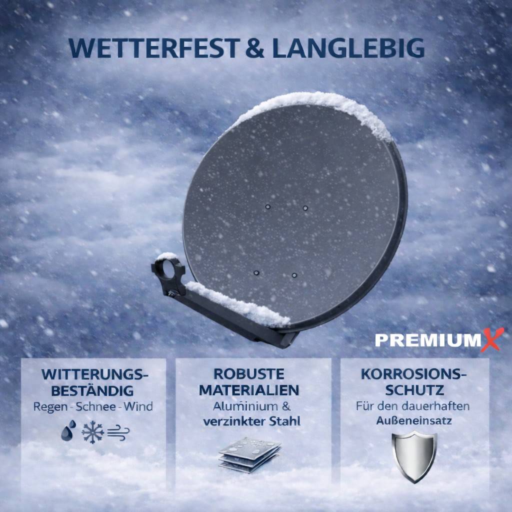 Wetterbeständige, langlebige Satellitenschüssel in schneebedeckten Bedingungen, mit Text zur Hervorhebung von Witterungsbeständigkeit, robusten Materialien und Korrosionsschutz für den Außeneinsatz.