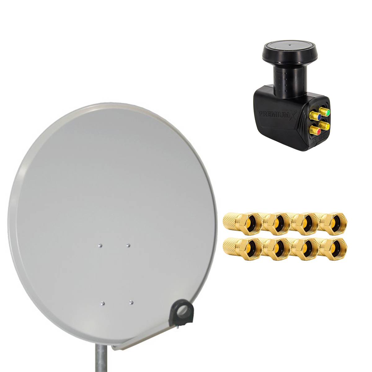 PremiumX Satelliten-Komplettanlage 80cm Satellitenschüssel Aluminium LNB Quad 8x F-Stecker, 1 SAT für 4 Receiver