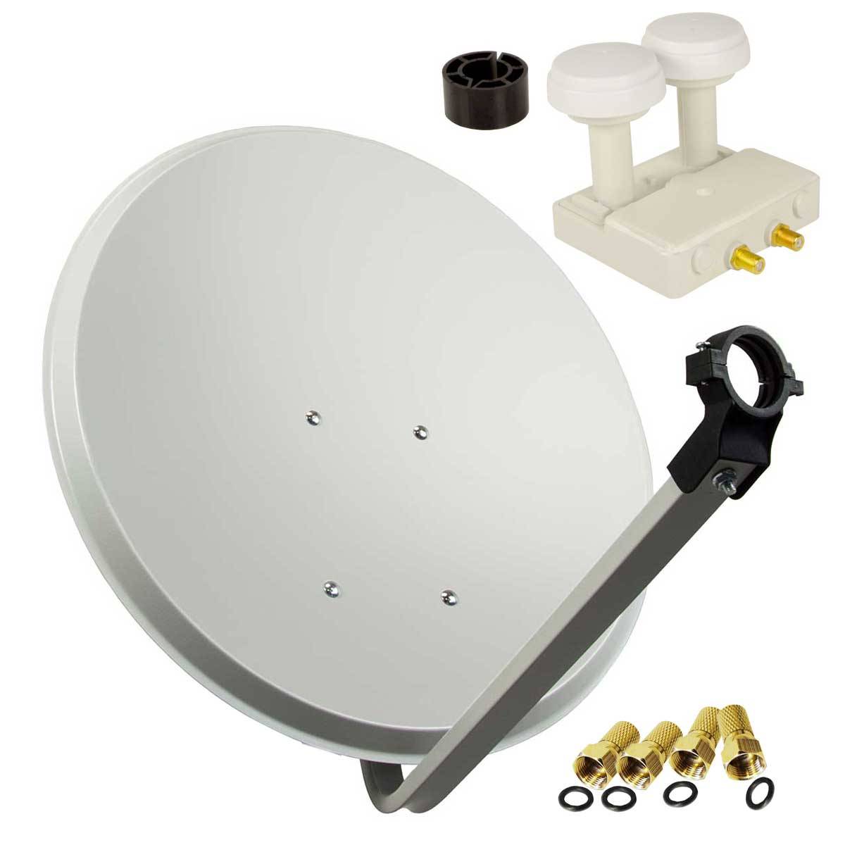 PremiumX Satelliten-Komplettanlage 80cm Satellitenschüssel Hellgrau Twin Monoblock LNB SAT Astra 19,2° Hotbird 13° 4x F-Stecker