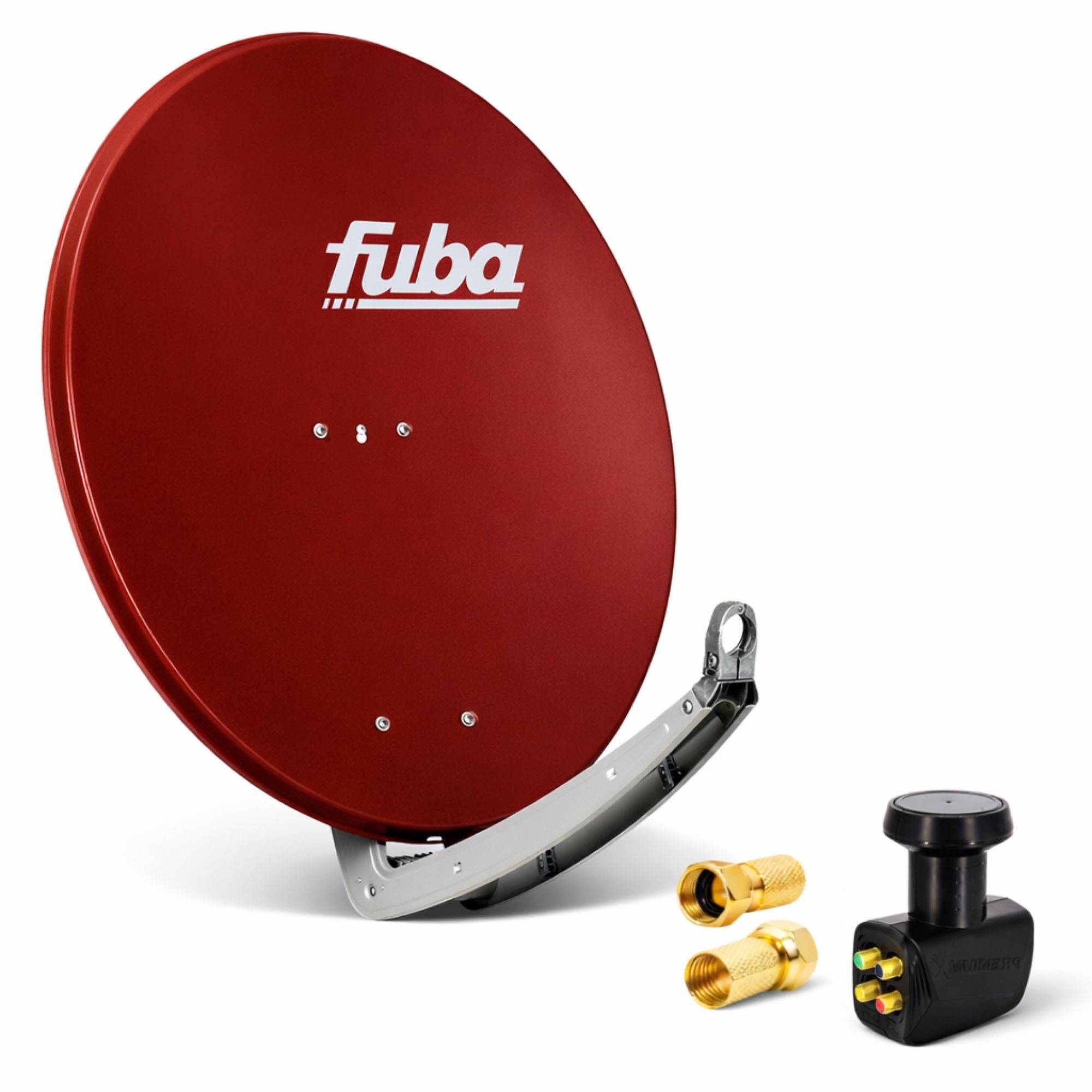 Rote Fuba-Satellitenschüssel mit Montageklammer, zwei Anschlüssen und einer Dual-LNB, verwendet zum Empfang von Satellitenfernsehsignalen.