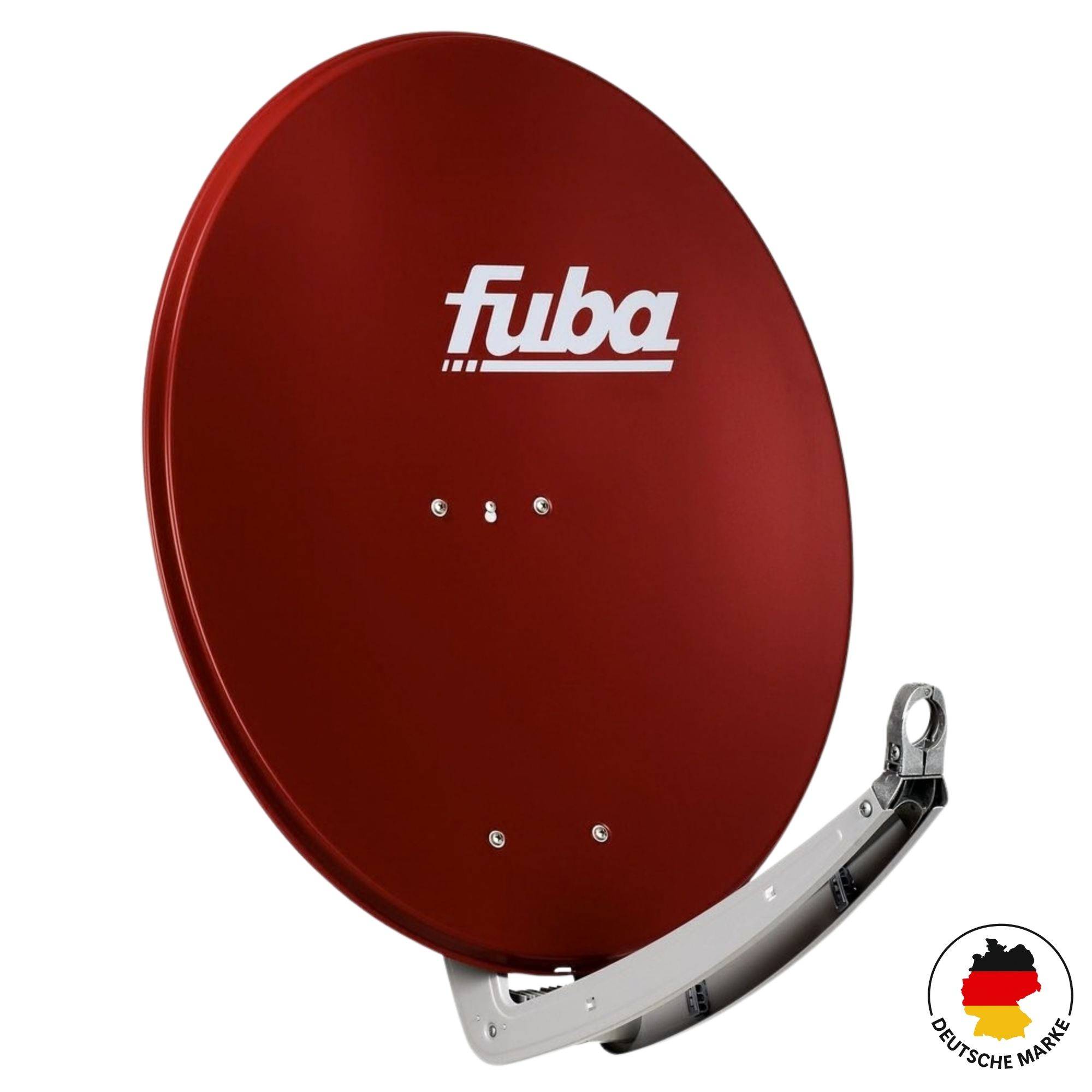 Eine rote Satellitenschüssel mit dem Markennamen „fuba
