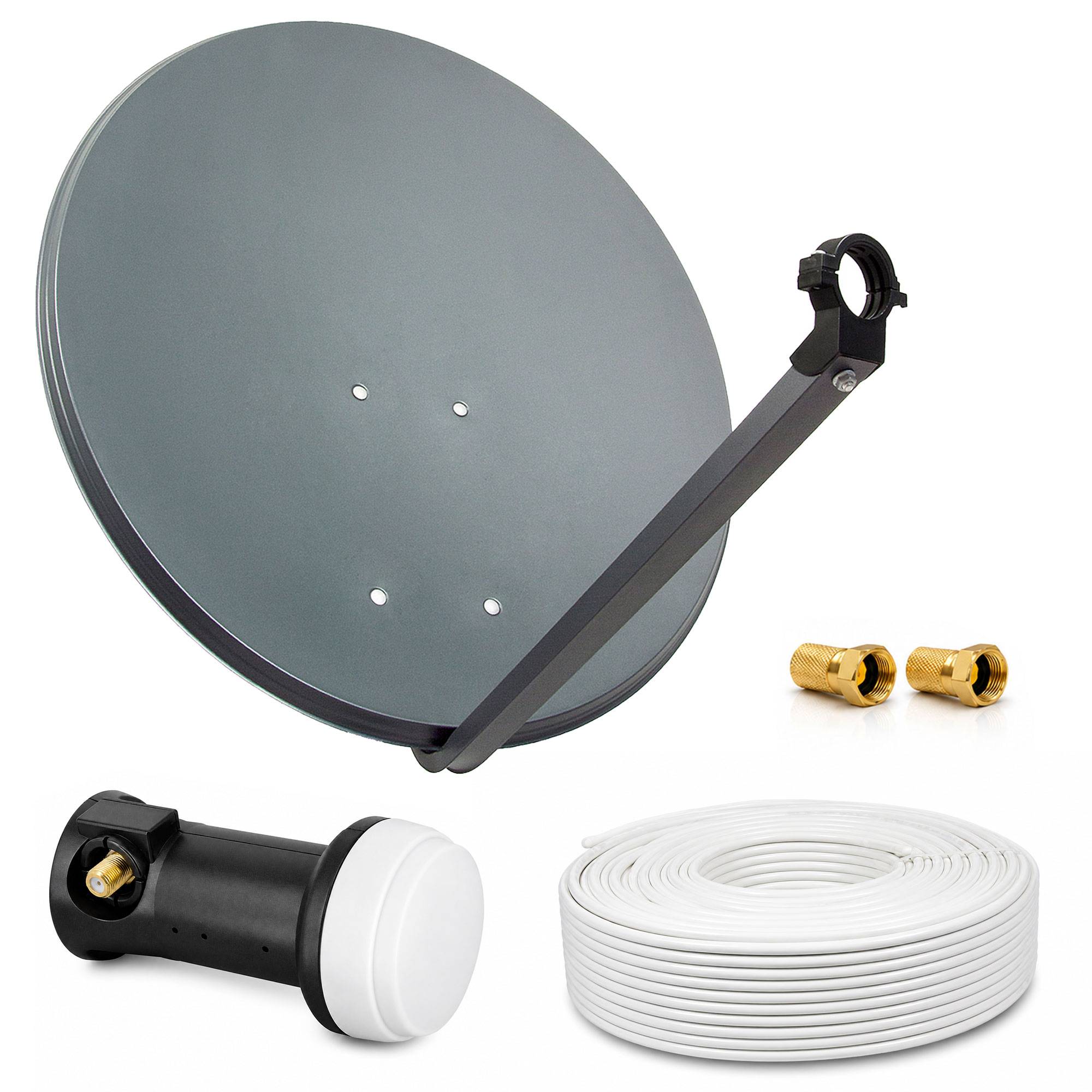 Satellitenschüssel-Antennensatz mit Montagebracket, Koaxialkabel und LNB-Empfänger auf weißem Hintergrund.