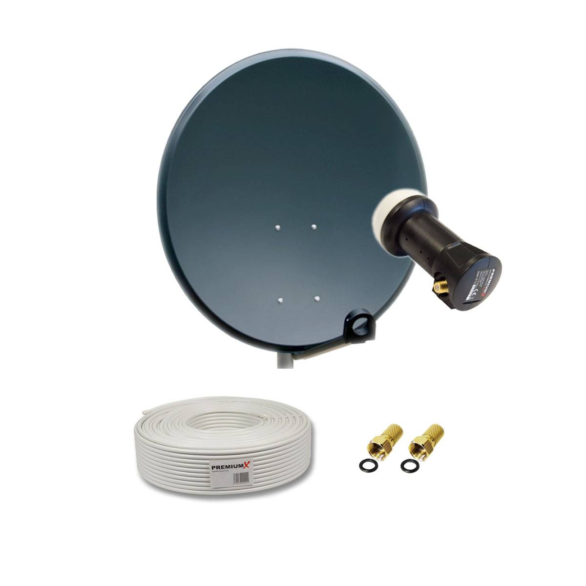 PremiumX Satelliten-Komplettanlage 60cm Satellitenschüssel Anthrazit SAT Deluxe Single LNB 10m Kupfer Kabel 2x F-Stecker