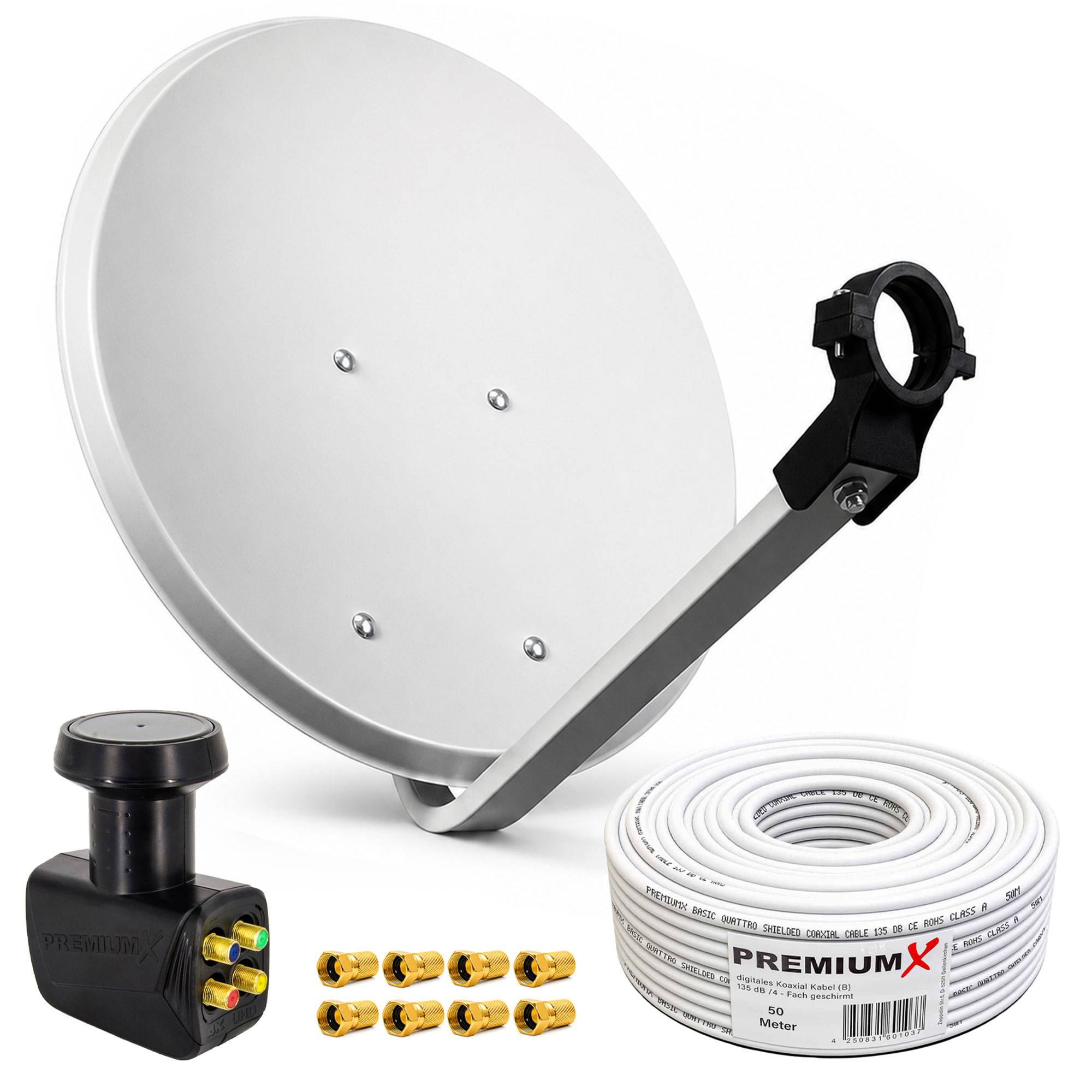 PremiumX Satelliten-Komplettanlage 80cm Satellitenschüssel Aluminium Hellgrau Quad LNB 50m Kabel F-Stecker, SAT bis 8 Teilnehmer